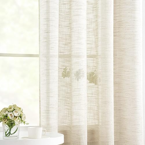 Linen Sheer Curtains 45inch Natural Beige Semi Sheer Curtain Panels for Small Windows Rustic Farmhouse Privacy Window Treatment Set Grommet Top 2pcs 52" Width