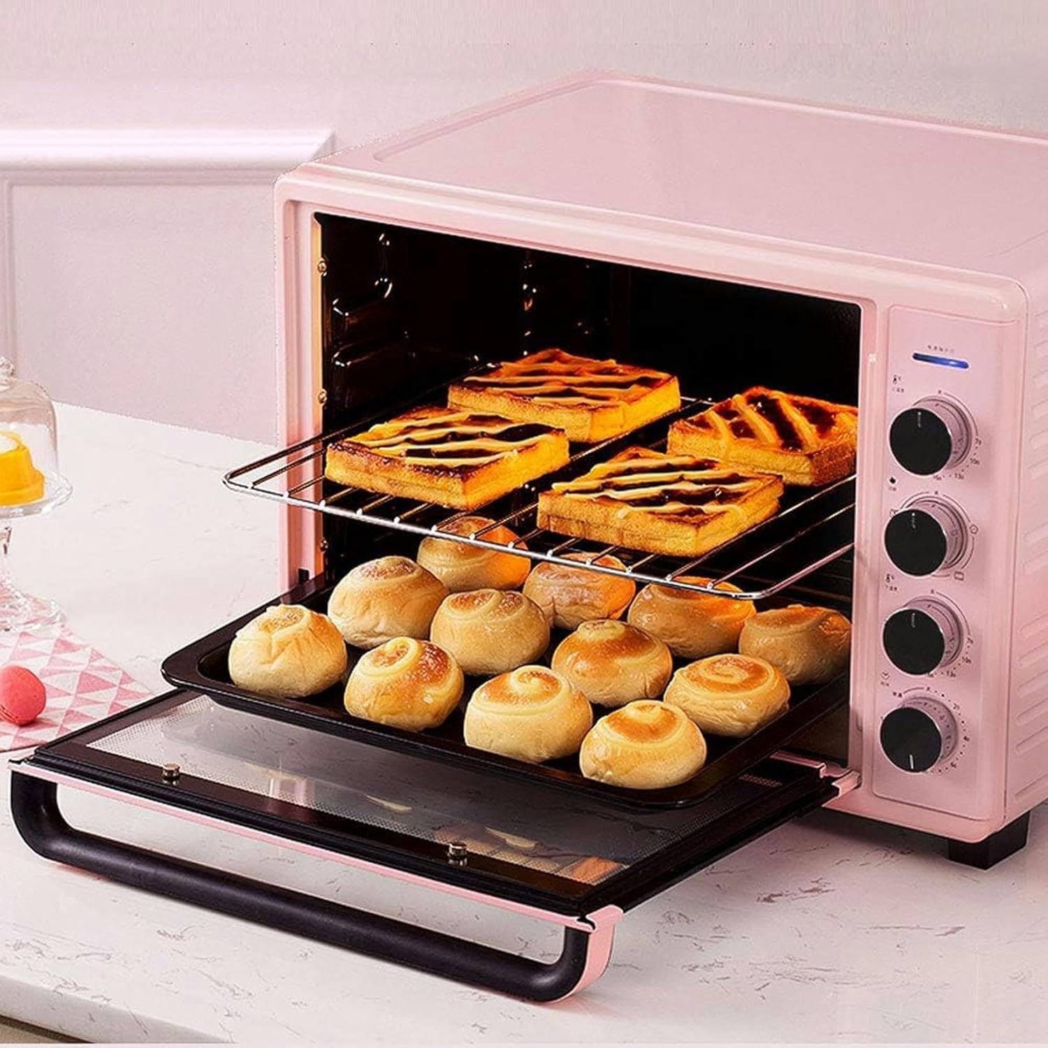 Mini Oven, Adjustable Power Pizza Oven, Electric Stove with Grill, Movable Breadcrumb Tray, Low Temperature Zone 25 60-60 ℃ (Pink)