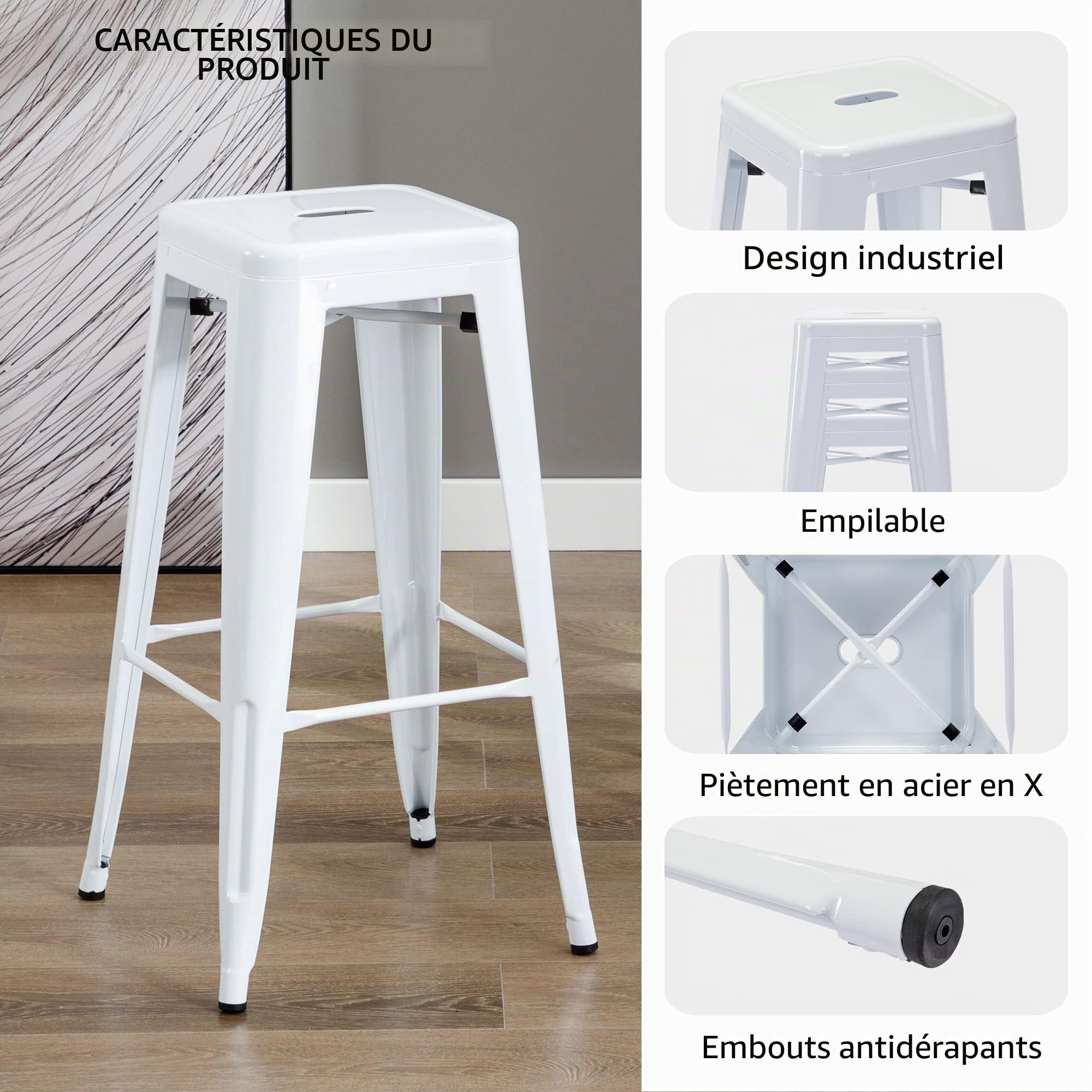 DUHOME Tabouret de Bar Industriel Chaise Salle à Manger Lot de 4 Tabouret Empilables Siège Bistrot Cadre en Métal pour Cuisine Restaurants (Blanc, 76cm)