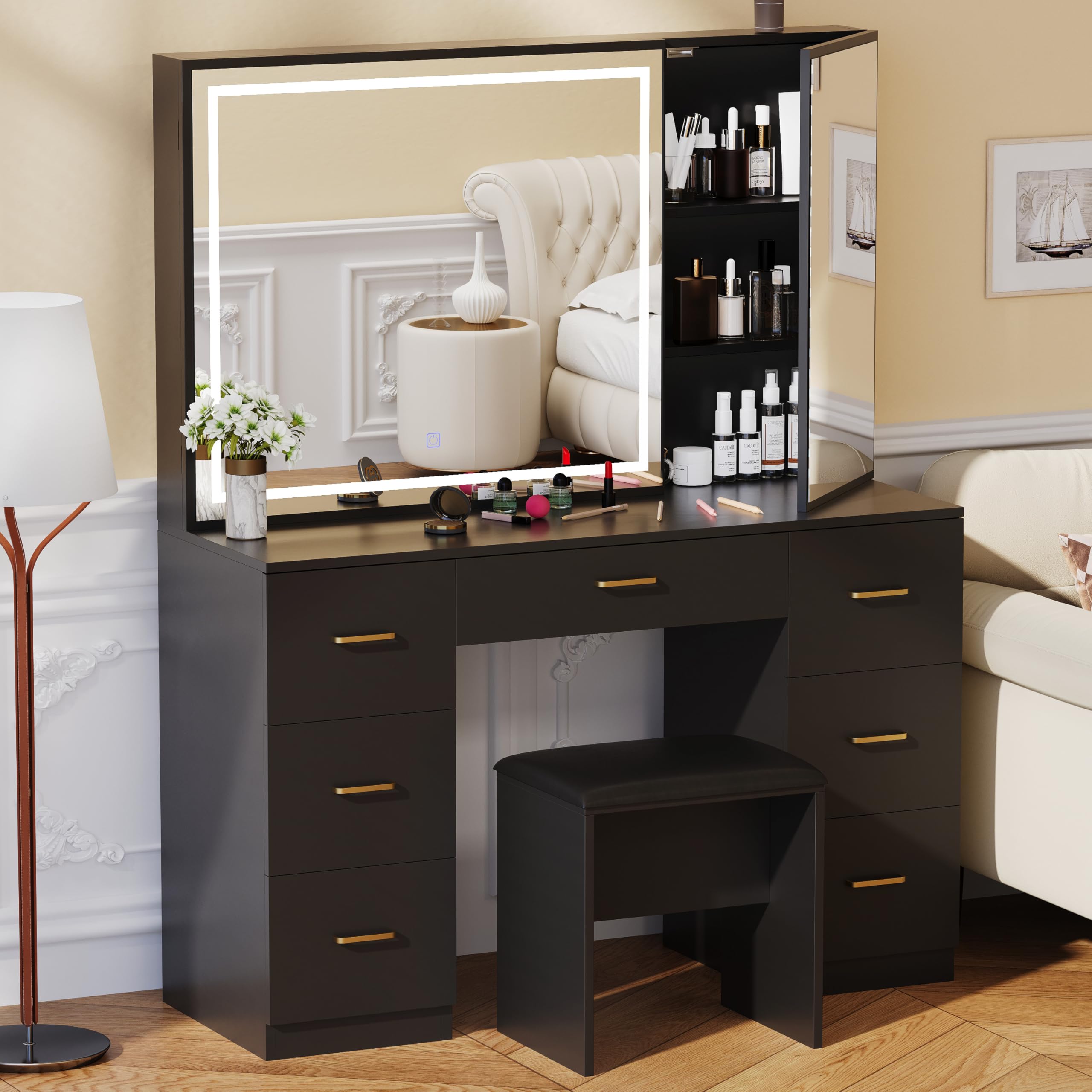 Jartoil Vanity Desk with Large Mirror and Lights, Black Makeup Vanity with 7 Drawers, Adjustable Brightness Vanity Table with Glass Door Cabinet,