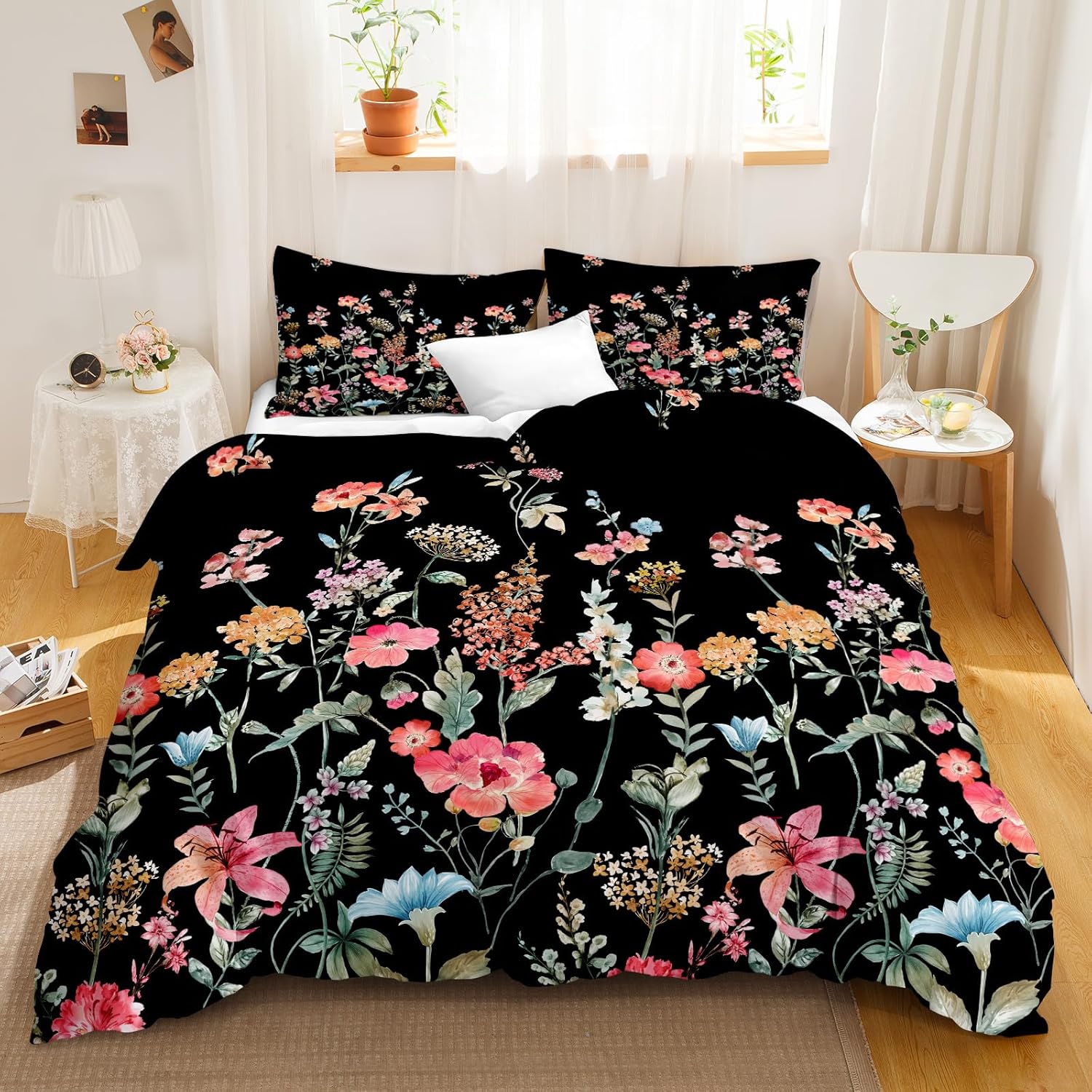 Black Flower Bedding Queen Size Duvet Cover Set Pink Blue Yellow Floral Botanical Printed French Country Style Vintage Cottagecore Duvet Cover with 2 Chic Pillowcases