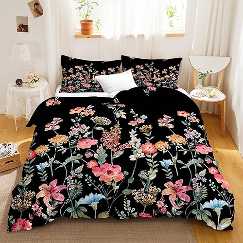 Miniatura 6 de Juego de funda de edredón de tamaño individual con estampado botánico de flores negras, color rosa, azul, amarillo, floral, estilo campestre