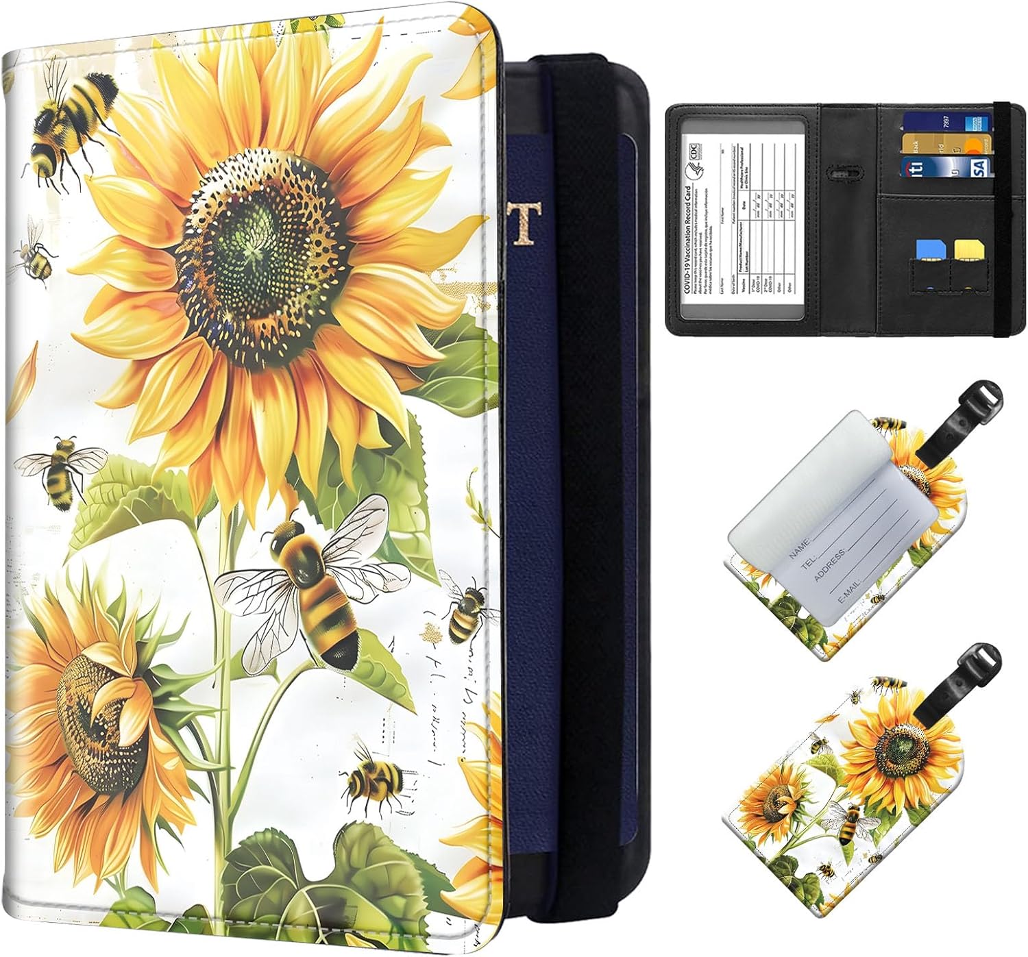 Exquisite Passport Holder for Travel Accessory, Bee Sunflowers Leather Passport Cover with Space for Documents and Family Photos, Travel Passport Wallet for Women and Men Pattern Design