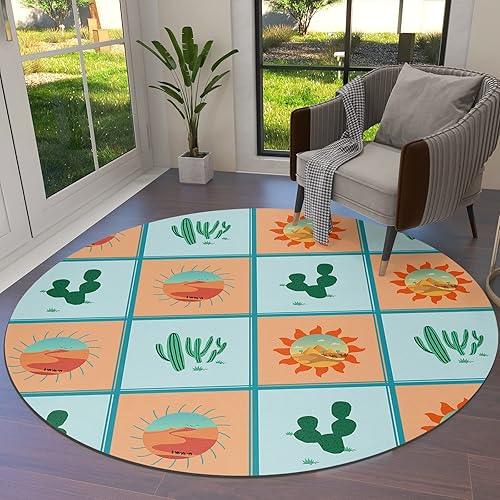 Round Area Rug 6ft Carpet Runner, Tropical Cactus Sun Large Area Rug Washable Floor Cover Throw Rugs for Bedroom Living Room Modern Accent Mat Home