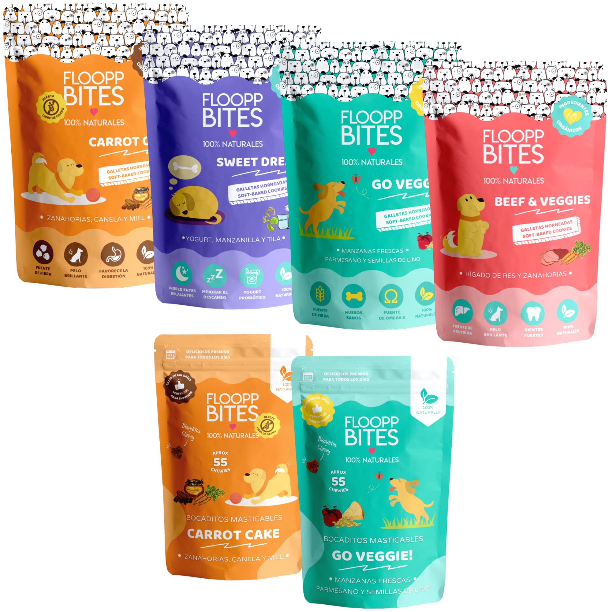 FlooppBITES Snack Perro 100% Naturales - Chuches, Premios, Golosinas Perro - Mix Pack Galleta Crujiente con Bocaditos Masticables - Sabores Variados - Total 500gr
