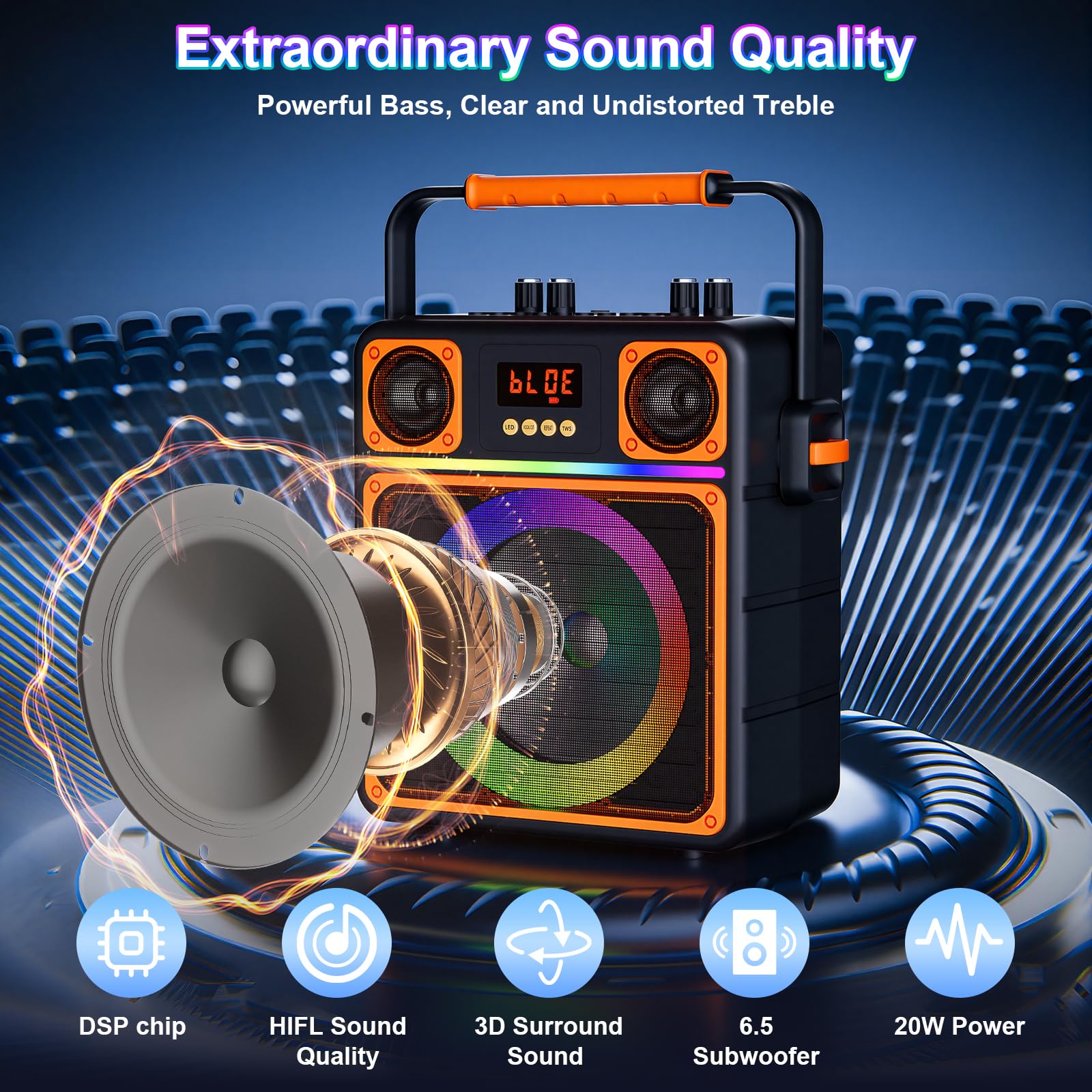 GuKKK przenośny głośnik Bluetooth do karaoke, z regulacją basów/wysokości i diodami LED, na imprezę, czarny