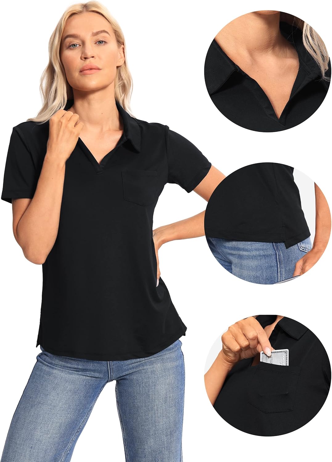Hiverlay Women's Golf Shirt Short Sleeve V Neck Collar Polo Shirts Athletic Tennis Tops Lightweight Quick Dry UPF 50+