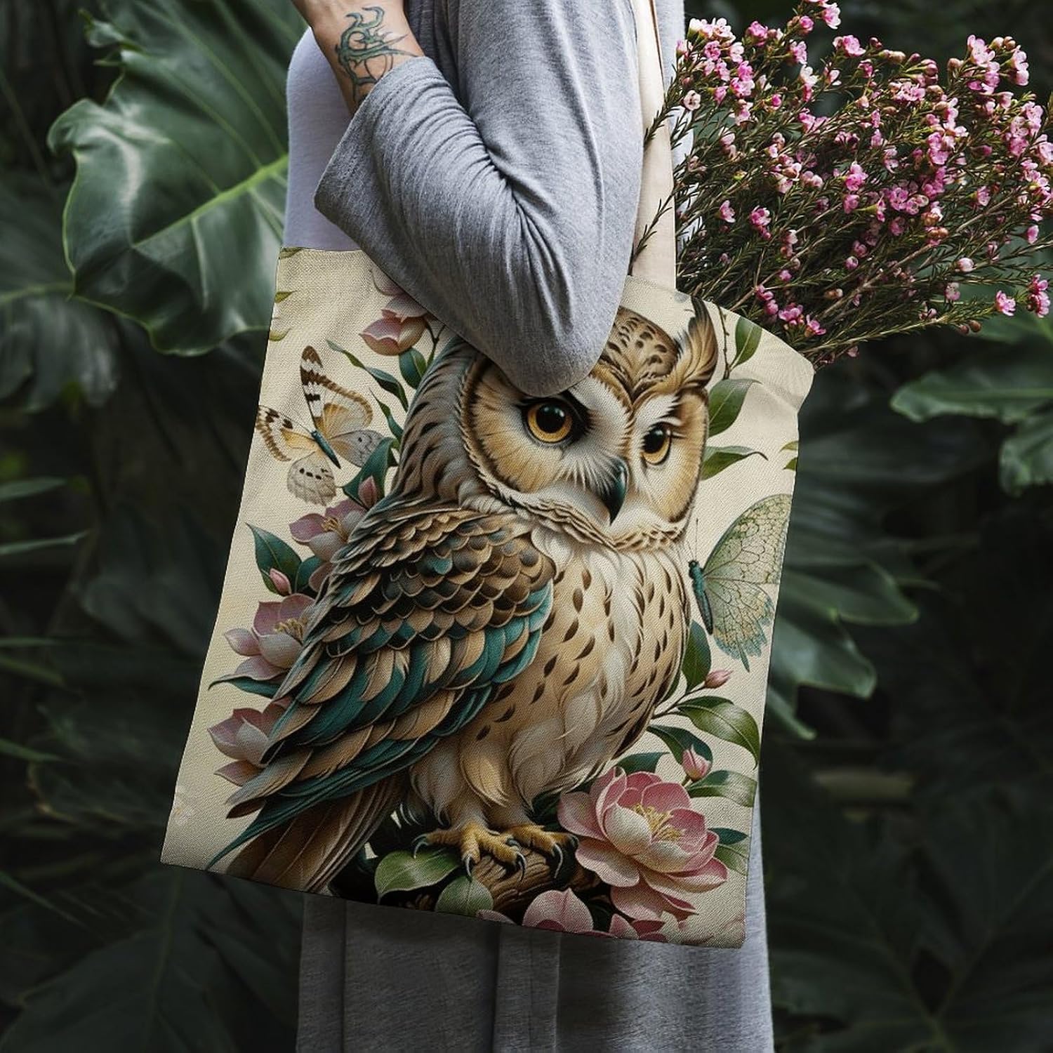Owl Among The Flowers Canvas Tote Bag Reusable Grocery Bags Foldable Soft Cotton Shoulder Carry Bag