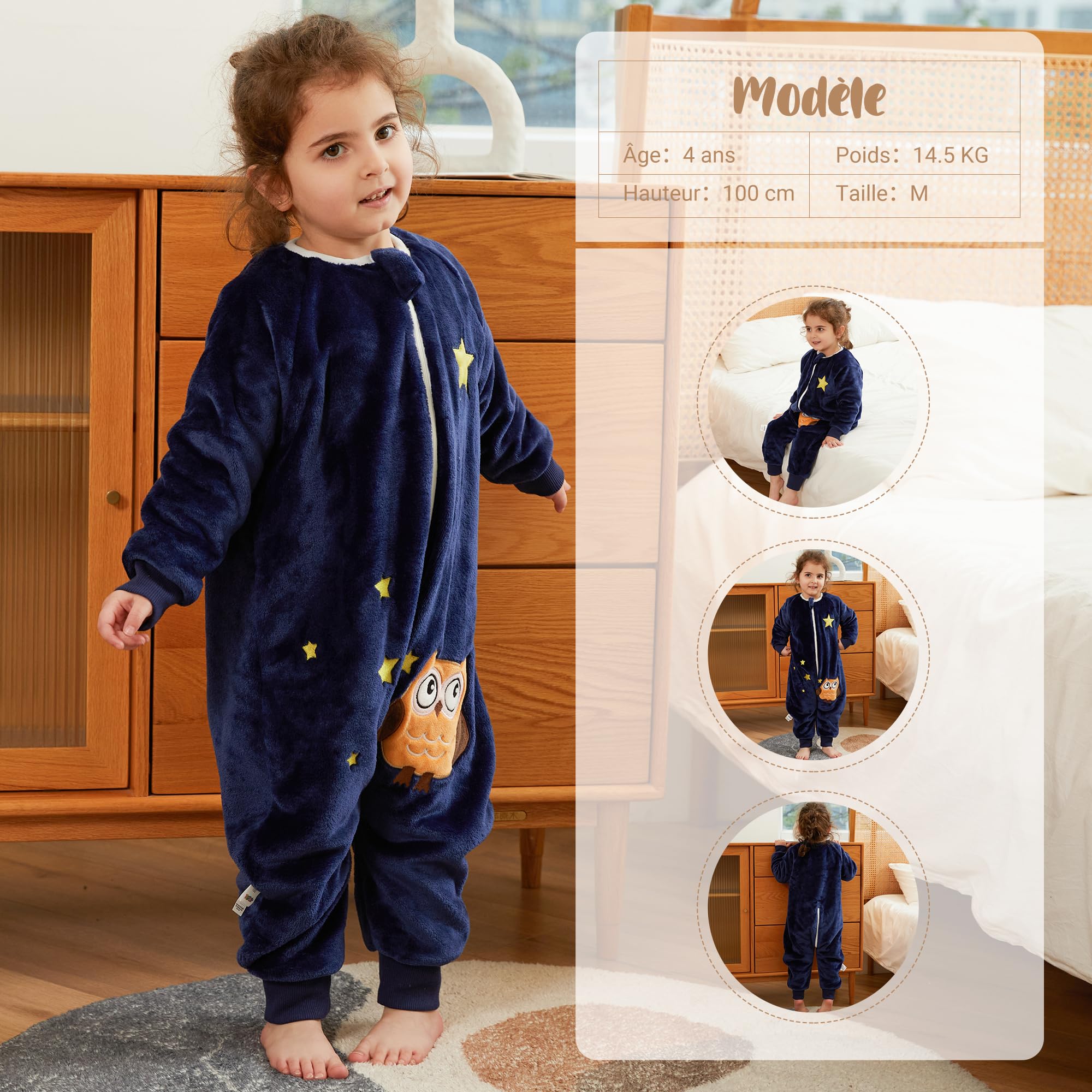 XQ&XG Bebe Gigoteuse a Pied, Unisexe Gigoteuse avec Jambes pour 4 Saisons, Gigoteuse à manches longues 2.0 TOG, Turbulette a Pied pour Garçon Fille, La Chouette, 90