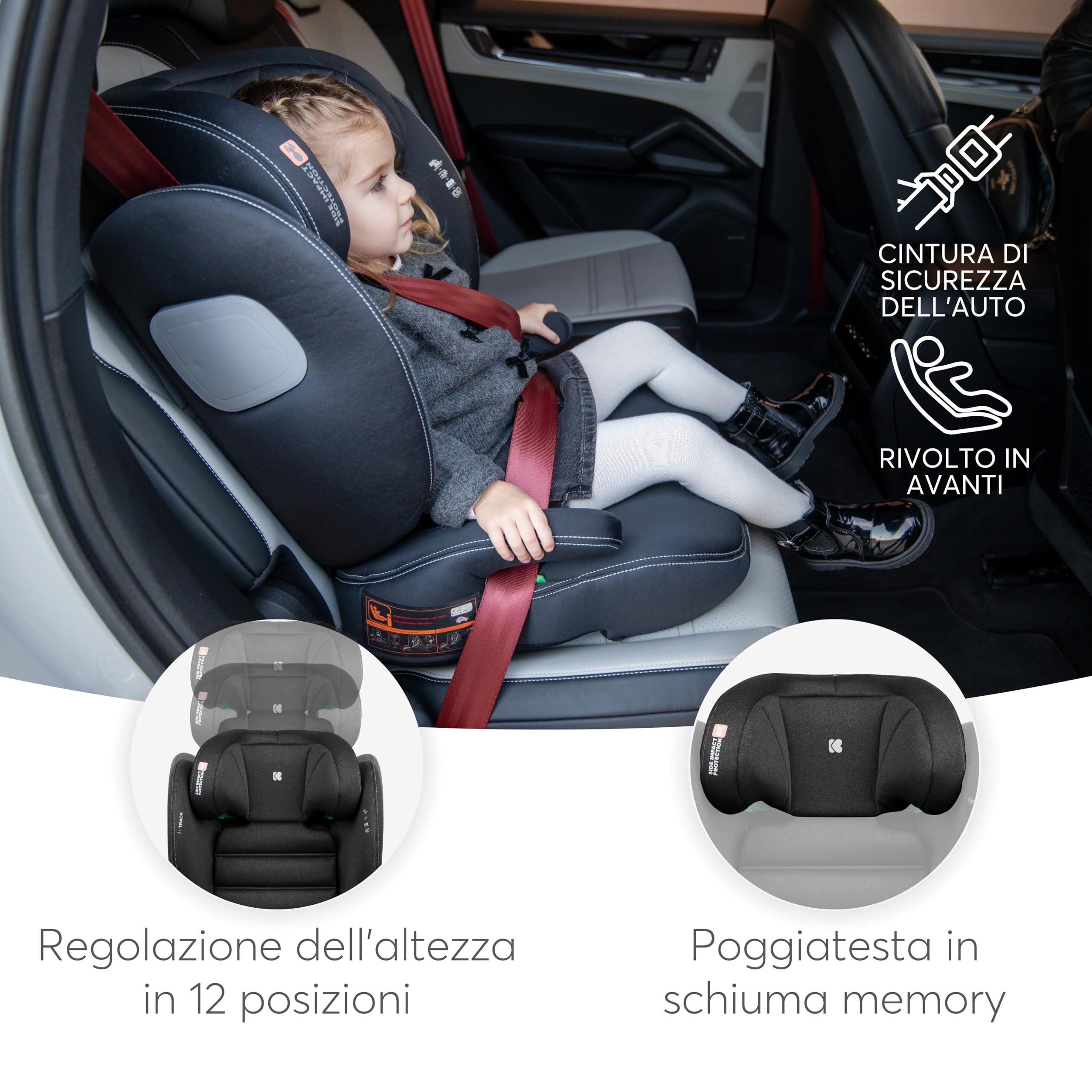 KikkaBoo Seggiolino Auto 15-36 kg ISOFIX i-TRACK, Gruppo 2-3 da 3.5 a 12 Anni, i-Size, Protezione Laterale SPS, Poggiatesta Regolabile 12 Posizioni, Nero