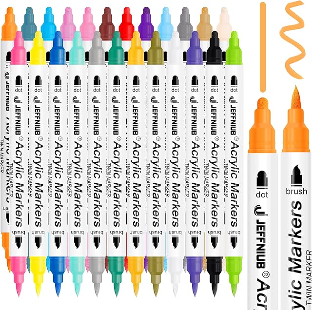 JEFFNIUB Acrylic Paint Pens 24 colours, Brush Tips & Round Tips Acrylic Markers Paint Pens for Rock Painting, Glass, Wood, Metal, Halloween, Christmas Craft Painting