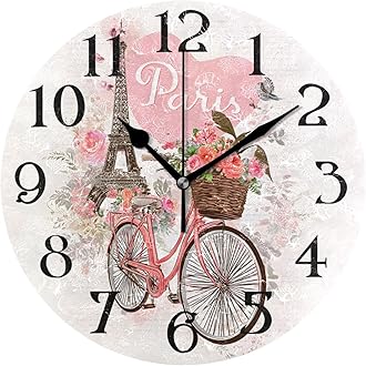ALAZA Modern Wall Clock Non-Ticking Kitchen Clock Paris Eiffel Tower Bicycle Decorative Round Clocks 9.5 in Battery Operated Quartz Analog Desk Clock Living Room Bathroom Garden Home Decor