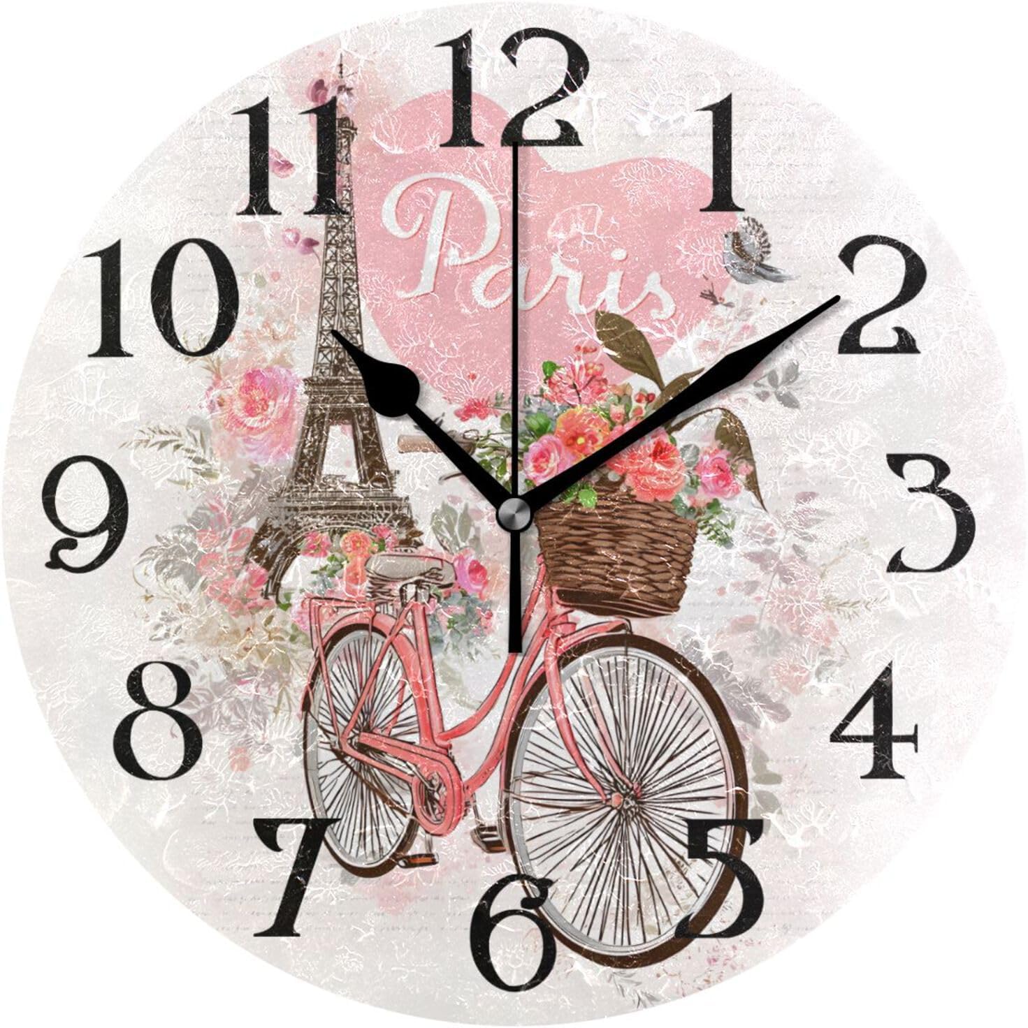 ALAZA Modern Wall Clock Non-Ticking Kitchen Clock Paris Eiffel Tower Bicycle Decorative Round Clocks 9.5 in Battery Operated Quartz Analog Desk Clock Living Room Bathroom Garden Home Decor