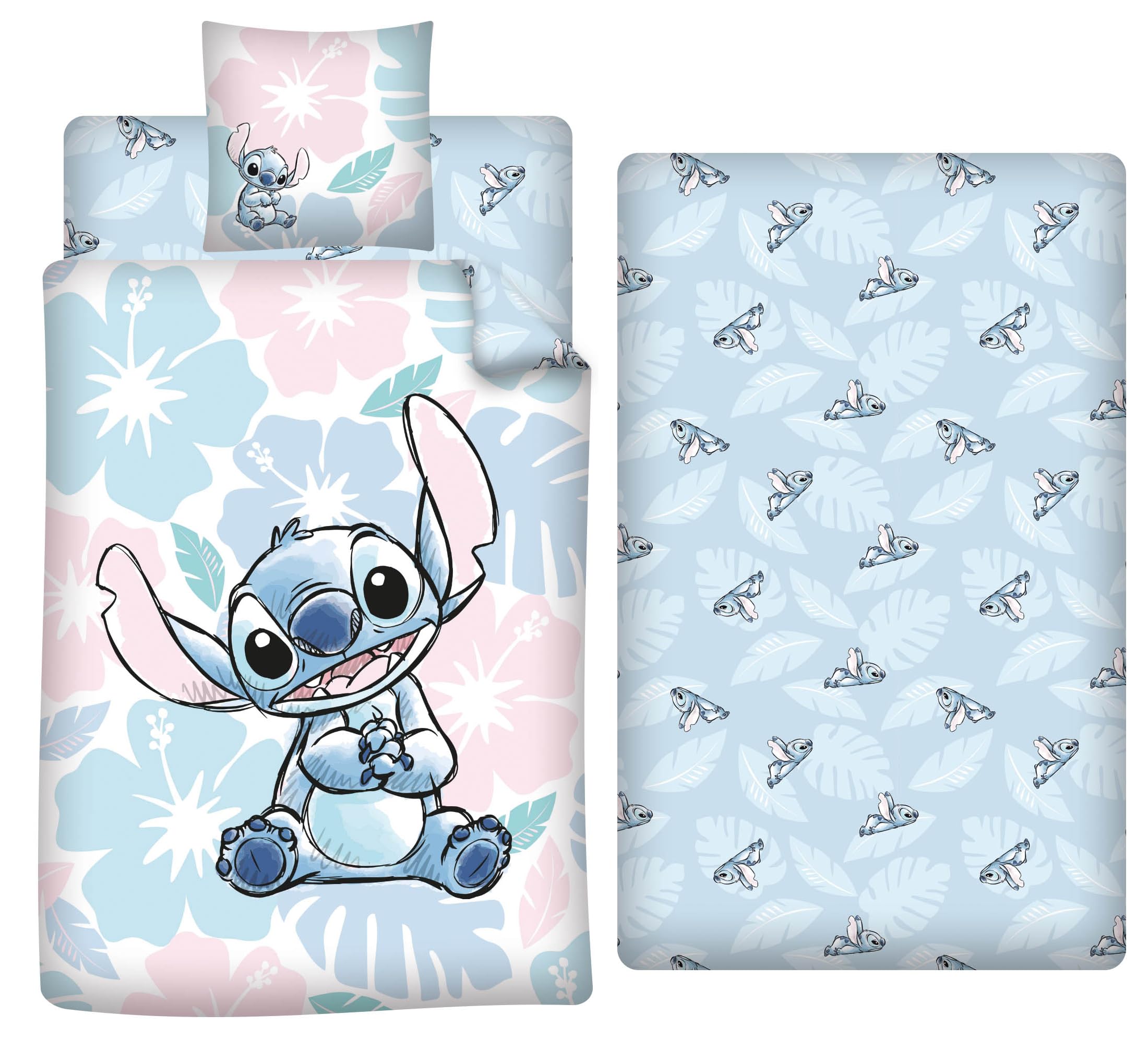 Parure de lit Stitch 3 pièces bleu floral avec housse 140x200 et drap