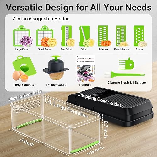 Miniatura 2 de Picador de verduras 12 en 1, utensilios de cocina con 7 cuchillas, verduras, alimentos, picador de cebolla, rebanador de pepino, mandolina versátil,
