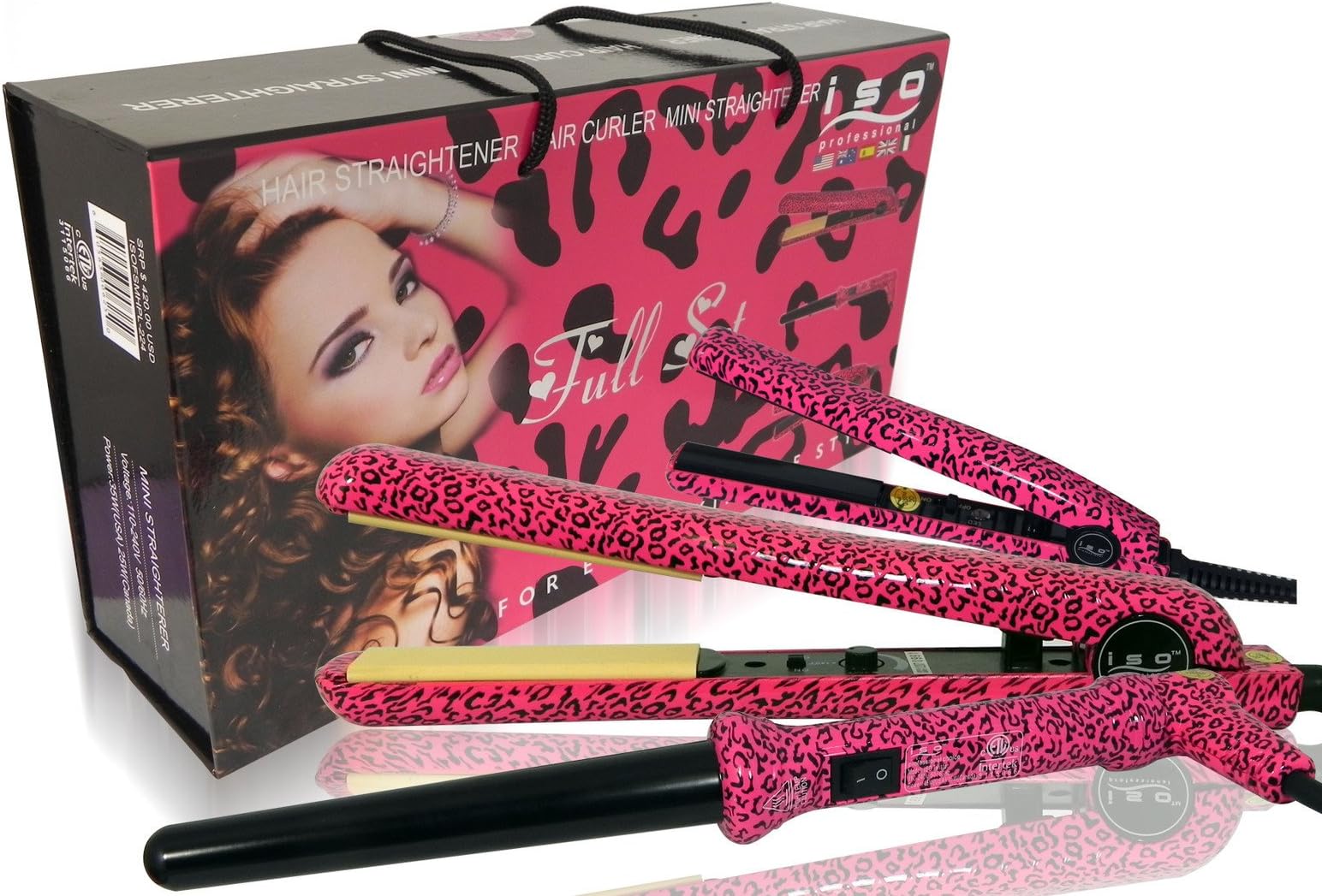ISO Beauty full set Pink Leopard Hair Straightener + Hair Curler + Mini Straightener