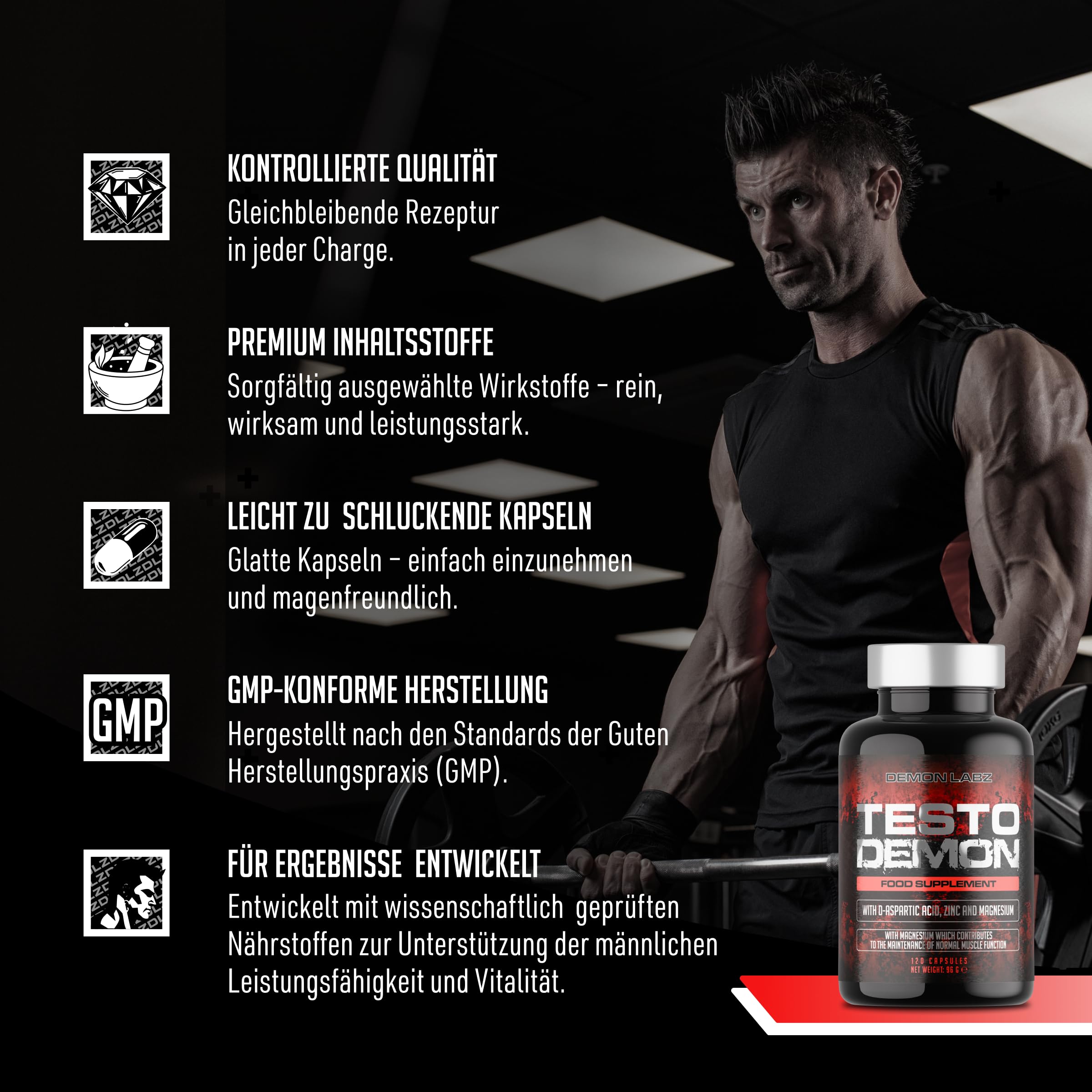 Testo Demon - Zink & Aminosäuren-Komplex mit Maca, B-Vitamin & Pflanzenextrakten - 120 Kapseln für Männer