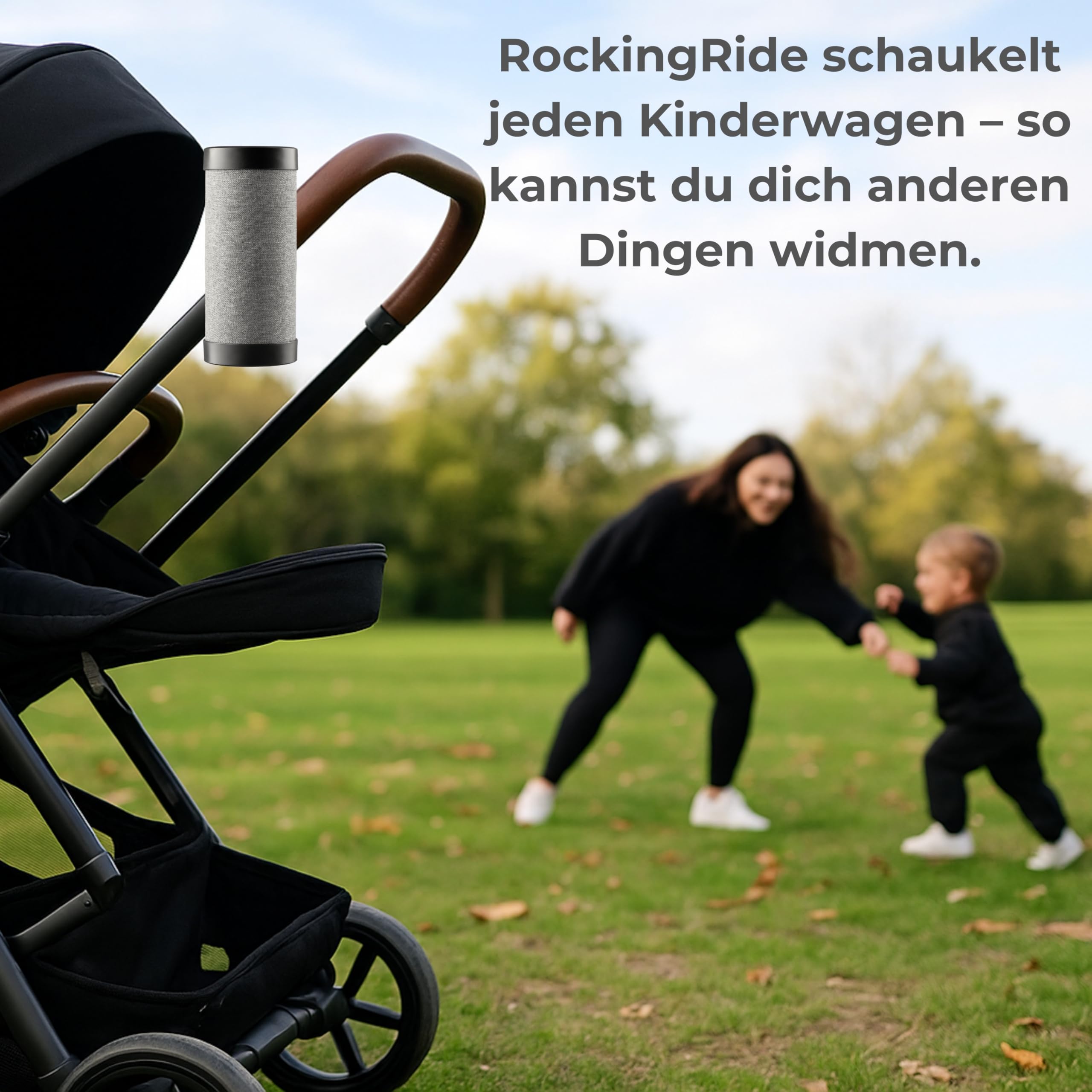 Automatischer wiederaufladbarer Schaukelaufsatz für Kinderwagen, mit Sicherheits-LED, 3 Schaukelstufen, bis zu 30 Stunden leiser Betrieb, USB-C – RockingRide PRO (Schwarz)