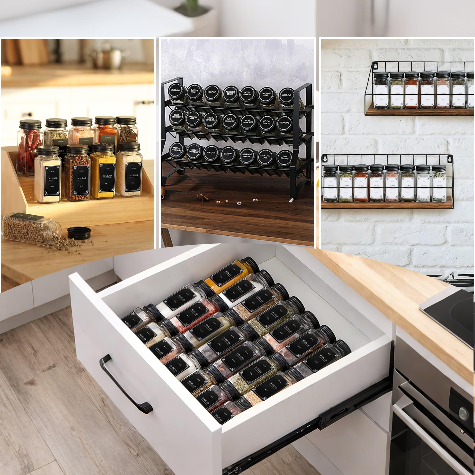 Set 24 Barattoli per Spezie – Contenitori in Vetro 120 ml con Coperchi e Dosatori – Barattoli Ermetici con Etichette, Pennarello, Imbuto, Spazzola – Organizer Cucina per Pepe, Erbe, Sale e Peperoncino