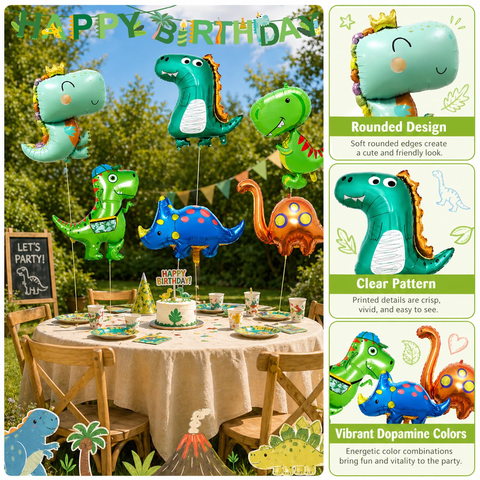 Globos Dinosaurio Decoración Cumpleaños 3 Años, XXL Globos Dino con Happy Birthday Bandera, Fiesta Dinosaurios