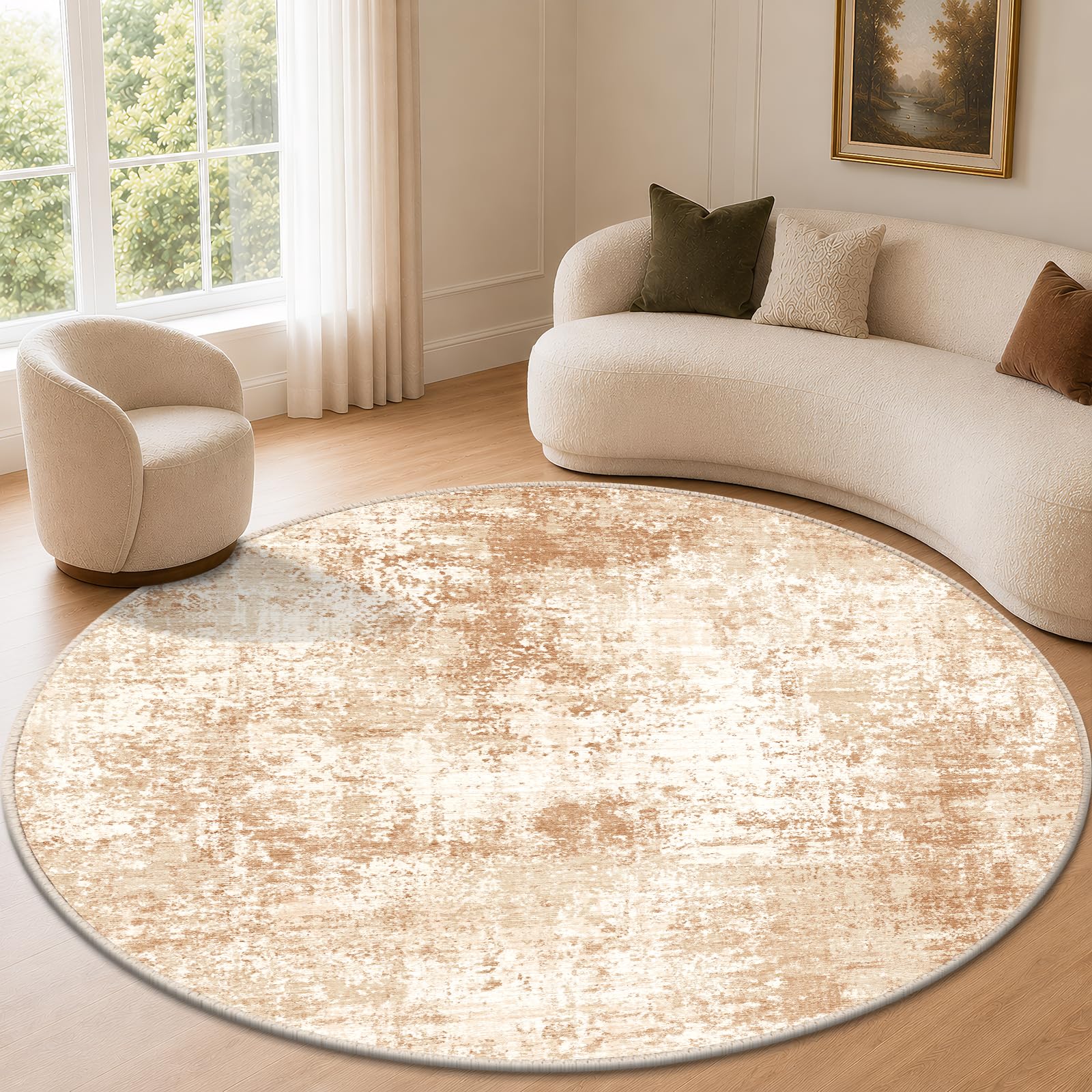 JOYARR Round Rug, Washable Non-Slip Low Pile 160cm, Beige