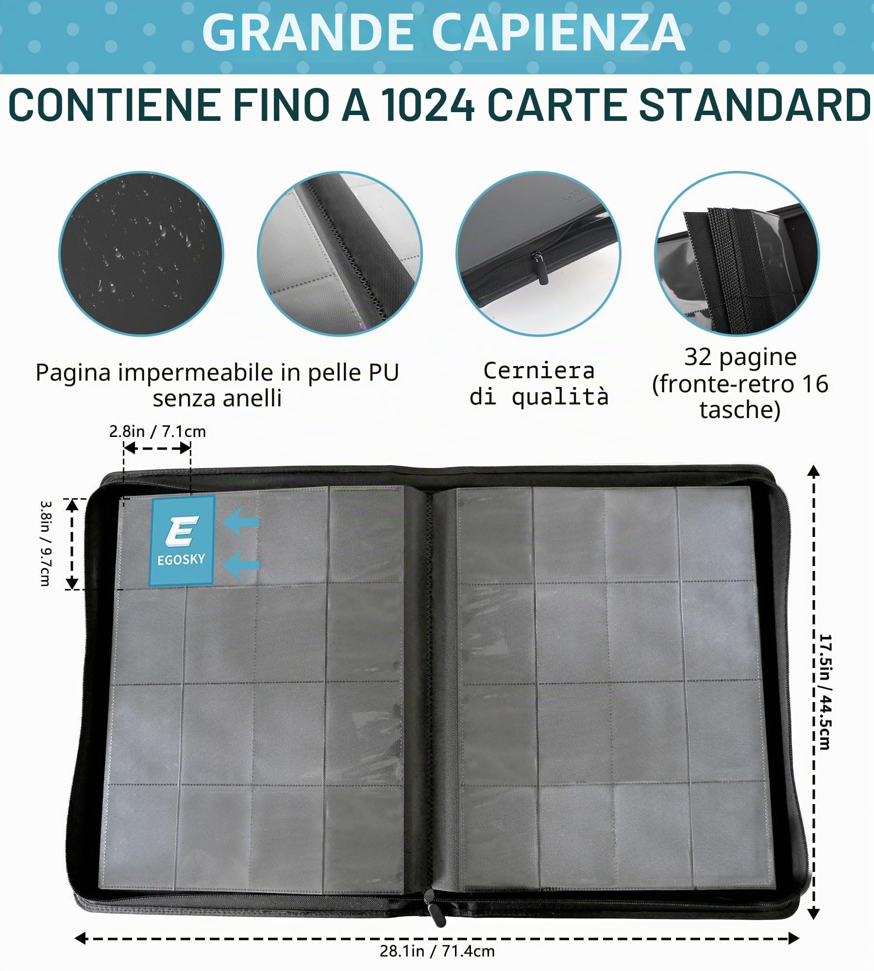 EGOSKY Raccoglitore per carte collezionabili con oltre 1000 tasche, 16 tasche laterali, per sport, biglietti da visita da gioco, (nero)