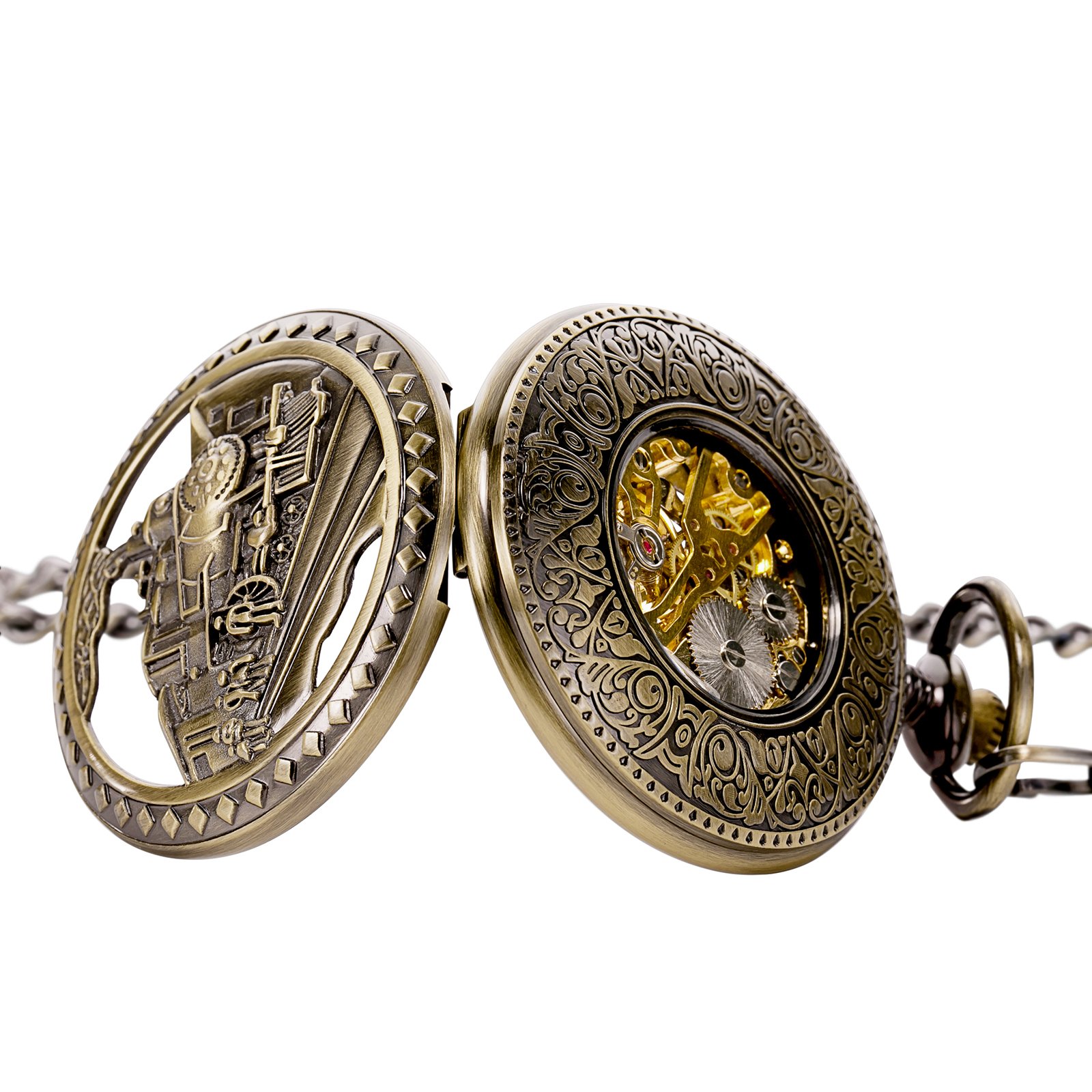 Treeweto - Antico orologio da taschino, da uomo, movimento meccanico visibile, cassa cava in bronzo, incisione effetto 3D di un treno a vapore, numeri romani