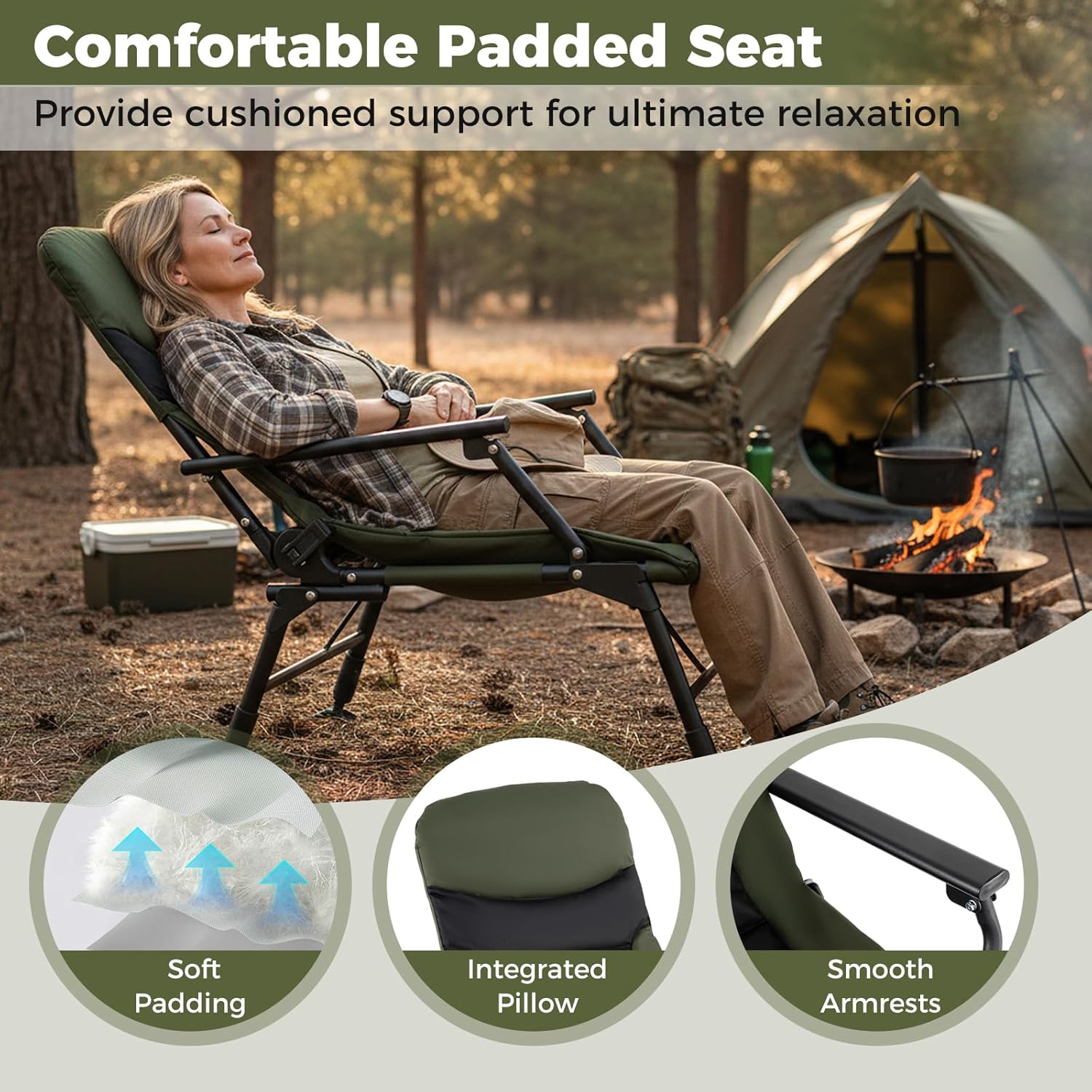 Goplus Oversized Foldable Fishing Chair for Adults, Heavy Duty All-Terrain Camping Chair with Padded High-Back, Armrest, Adjustable Feet, Portable Recliner for Outdoor Patio Beach Garden