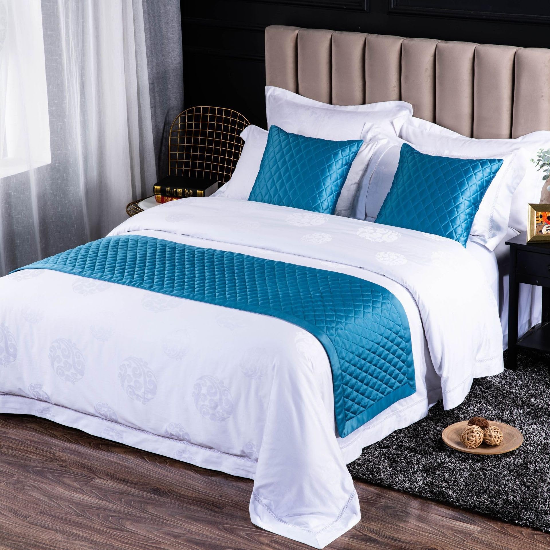 Bufanda for cama King de algodón puro con diseño de rombos gris 1