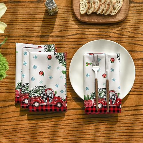 Miniatura 2 de Horaldaily Servilletas de tela de Navidad de 18 x 18 pulgadas, diseño de muñeco de nieve, camión, decoración de fiestas, cenas, juego de 4