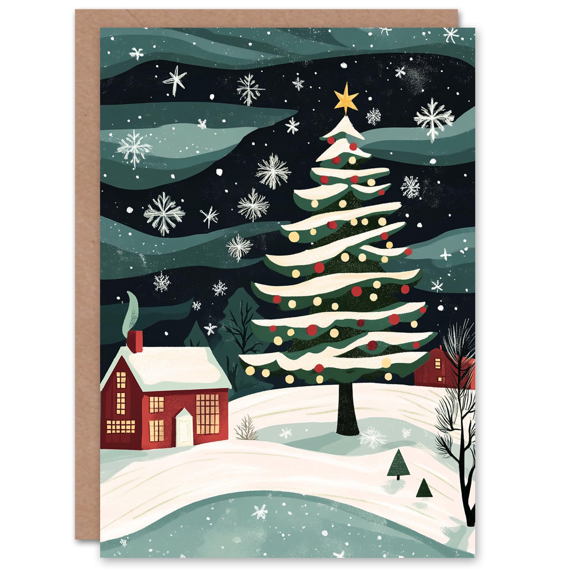 Artery8 Decorated Tree by Winter Cottage Folk Art Blank For Him Or Her Art Xmas Festive Christmas Card