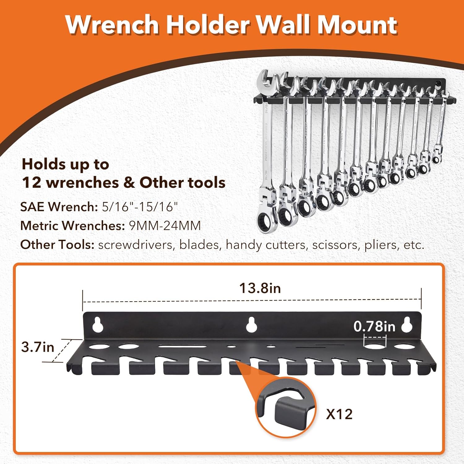 4Pcs Wall Mount Tool Organizer Set,Include Screwdriver Organizer,9mm-24mm Wrench Holder,Pliers Holder,Hammer Rack,Galvanized Steel Hand Tool Storage for Workshop,Shed,Garage,Home