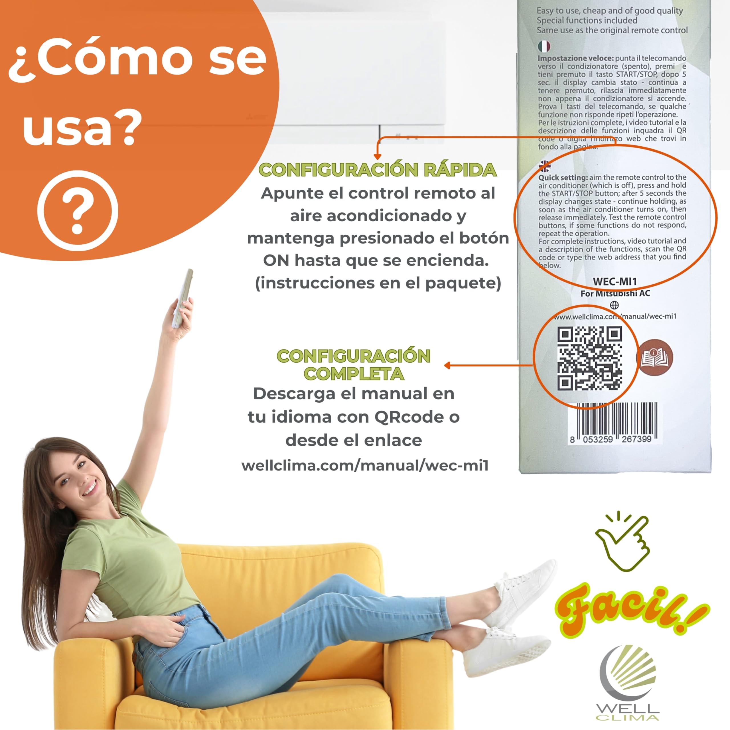 Wellclima Control Remoto Universal WEC-MI1 para Aire Acondicionado Mitsubishi, Listo para Usar en Segundos, Compatible con Bomba de Calor e inversor, compatibilidad Garantizada