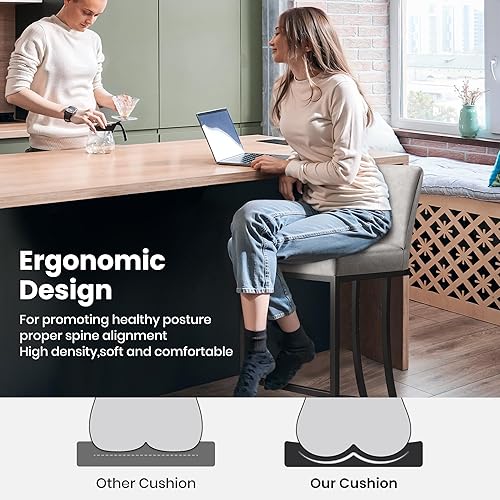 Miniatura 8 de PHI VILLA Juego de 4 taburetes de bar gris claro, sillas de altura de mostrador de piel sintética, taburetes de cocina para isla, taburetes de bar