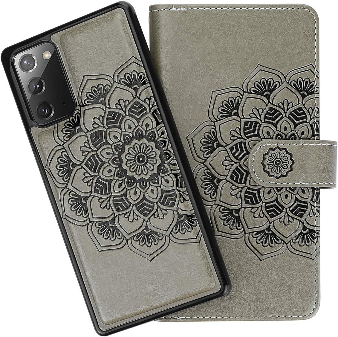 Vofolen for Galaxy Note 20 Case Wallet Cover Magnetic Detachable Mandala Flower 2-in1 Folio PU Leather Flip Case Multiple Card Holder Slot Strap Protective Slim Hard Shell for Samsung Note 20 Grey