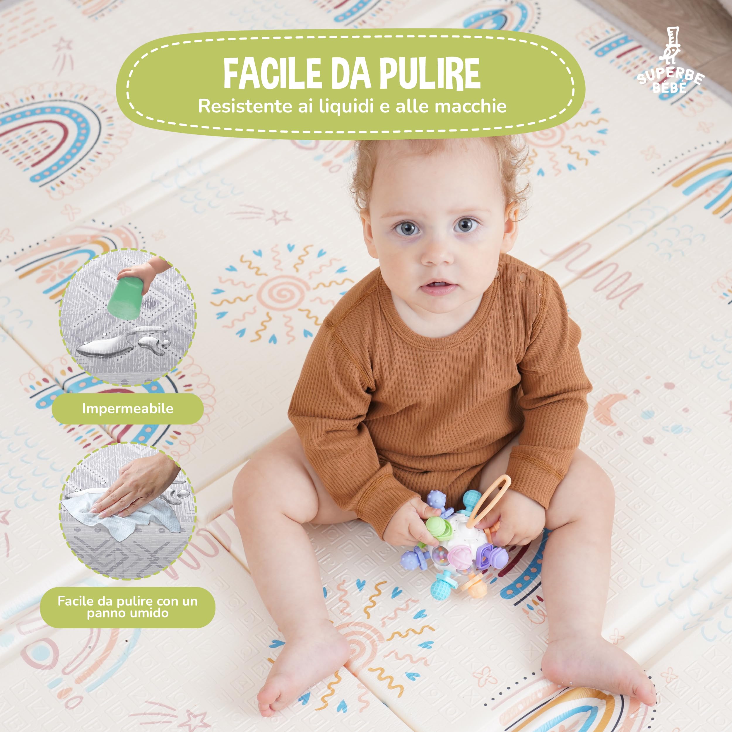 Tappeto Gioco Bambini Pieghevole 180x200x1.5cm Palestrina Neonato Montessori Reversibile Non Tossico E Impermeabile In Schiuma Per Bimbi. Palestra Neonati - Tappeto Tummy Time Neonati - Regalo Bambino