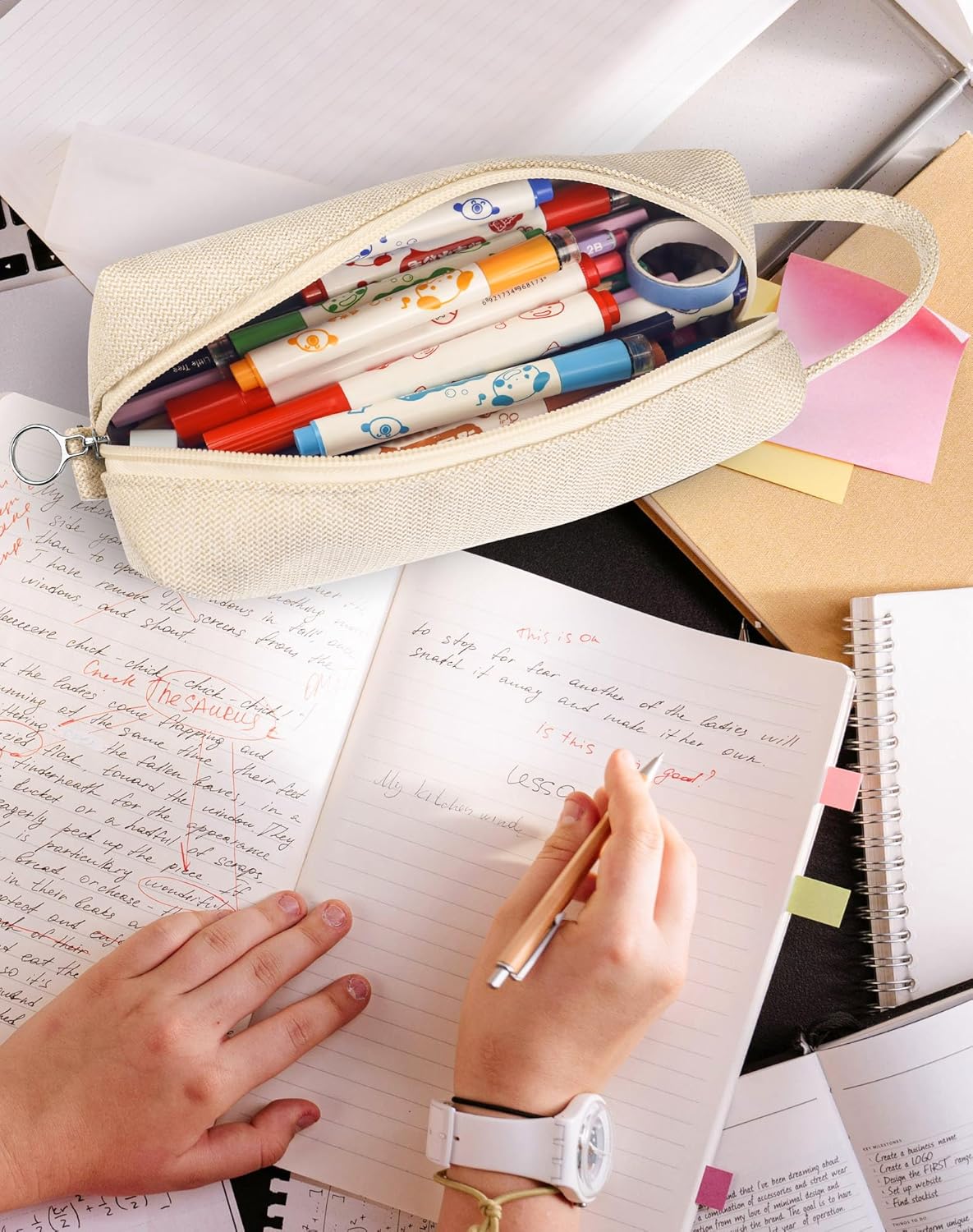 Fmeida Pencil Case Pouch - Water Resistant Pencil Pouch Portable Pencil Bag Simple Office Supplies Stationery Pouch with Handle - Retro Beige Retro Beige 1 image 8 of 8 B0F13SBRJC