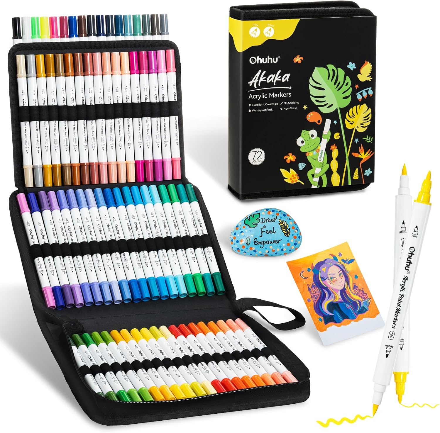 Ohuhu Acrylic Paint Markers Dual Tips: 72 Colors Brush & Fine Paint Pens High Opacity Acrylic Markers Waterproof Lightfast for Rock Painting 3D Prints Egg Wood Glass Ceramic DIY Crafts - Akaka