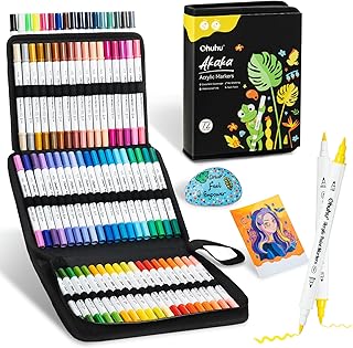 Ohuhu アクリルマーカー 72色セット アクリルペン 中綿式 不透明水性ペン ペイントマーカー 木材 石 布 金属 ガラス 陶器 DIY 学校 プレゼント 収納ケース付き (筆タイプ・細字)