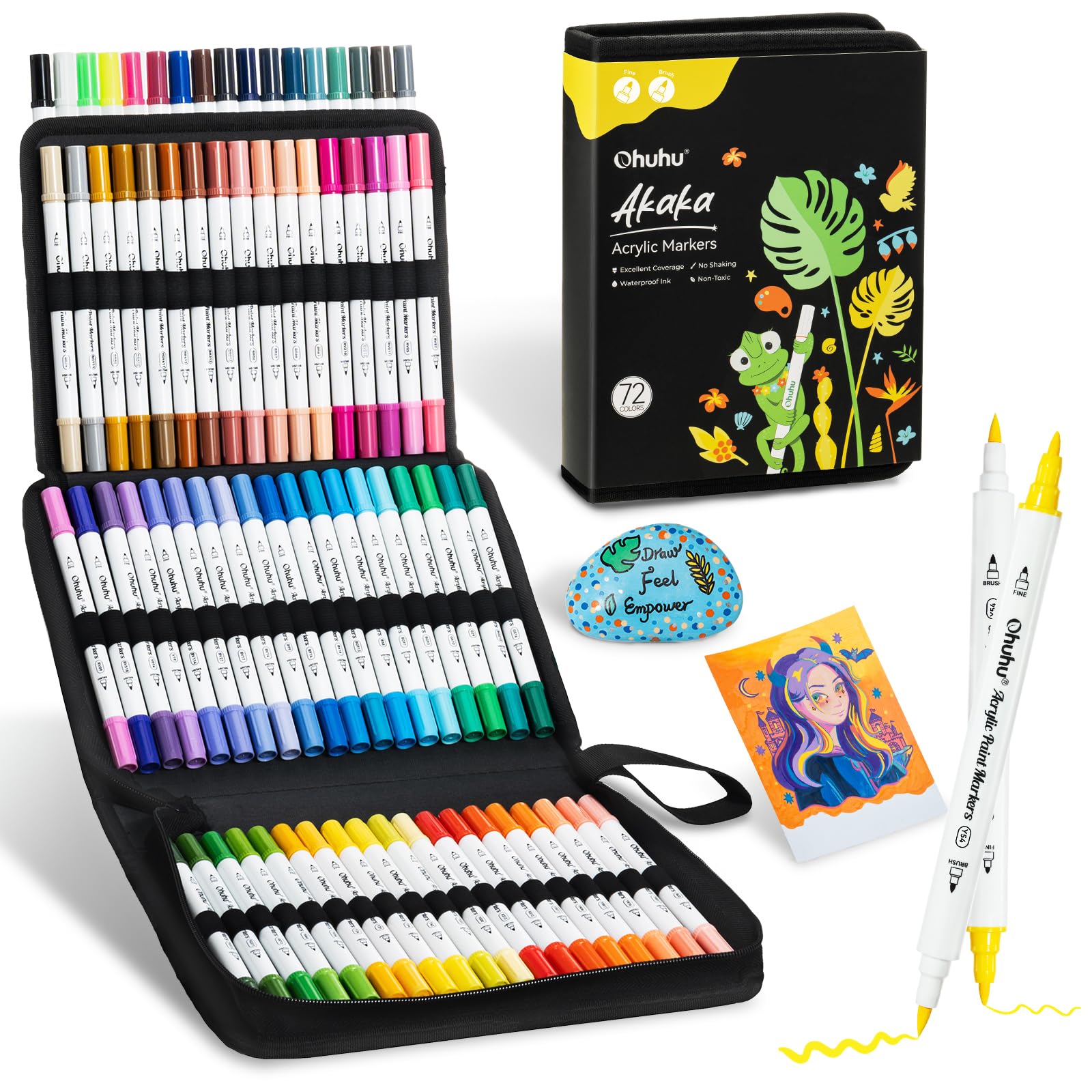 Photo 1 of Ohuhu Acrylic Paint Markers Dual Tips: 72 Colors Brush & Fine Paint Pens High Opacity Acrylic Markers Waterproof Lightfast for Rock Painting 3D Prints Egg Wood Glass Ceramic DIY Crafts - Akaka