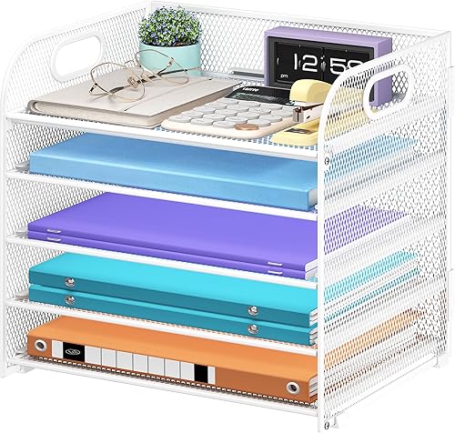 Miniatura 13 de Organizador de papel de 5 niveles con asa, organizador de escritorio de malla de metal plateado, carpeta de archivos, bandeja de papel para cartas,