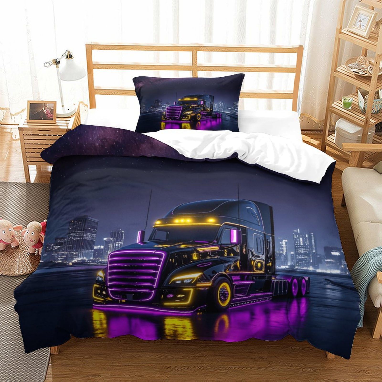 XiaopangXY Lorry Pattern Bedding Set 3D Printed American Truck Quilt Cover with Zipper Closure Comforter Cover with Pillowcase Single（135x200cm） Duvet Cover for Kids & Adults 3 Pieces