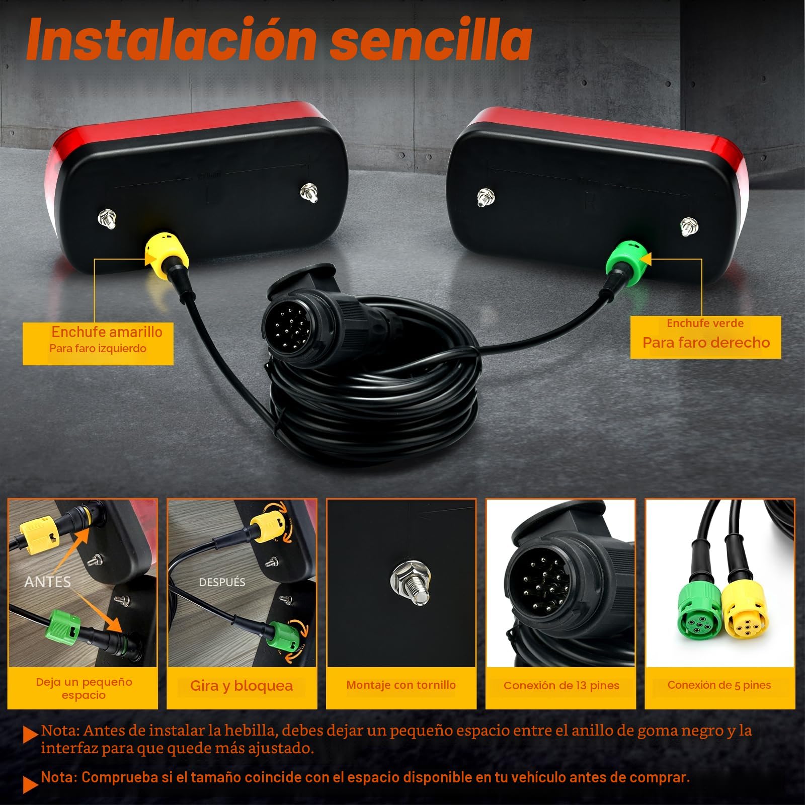 Aissom 2PCS Juego de Pilotos Traseros Remolque,12V Pilotos Traseros Remolque 13 Pines,Luces Remolque con 6 Funciones e Juego de Cables de 5.5m,Certificado E11 para Camión Caravana Tractor