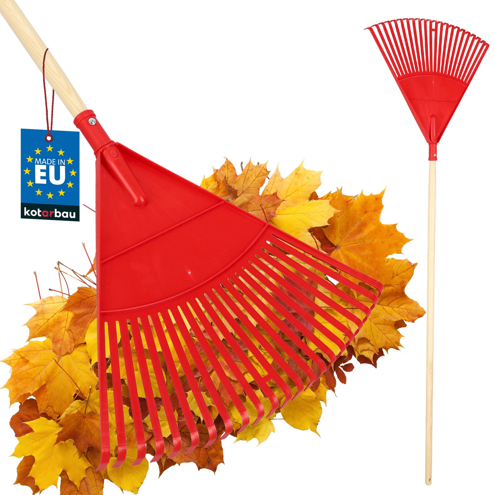 KOTARBAU® Rastrillo Hojas Jardin - Plástico - 48 cm - con Mango de Madera - 150 cm - Rastrillo Jardin - Herramienta Jardinería - Rastrillos para Cesped - Fácil De Guardar - Rojo y Madera Barnizada