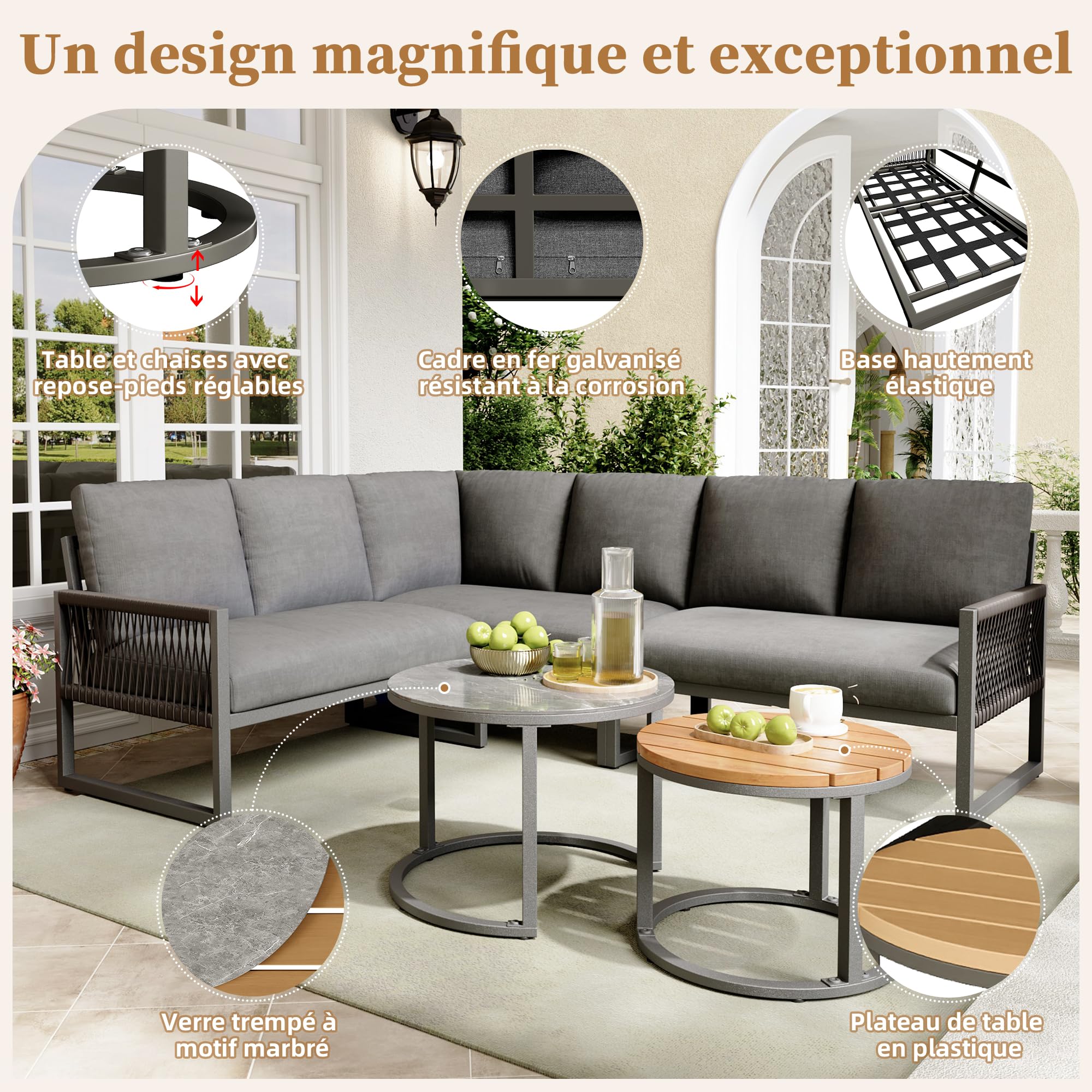 Salon de Jardin 6-7 Personnes Aluminium Galvanisé, Ensemble Canapé d’Angle avec 2 Tables Coussins Inclus, Mobilier Outdoor Résistant Terrasse Jardin (Gris-5, 6 Places)