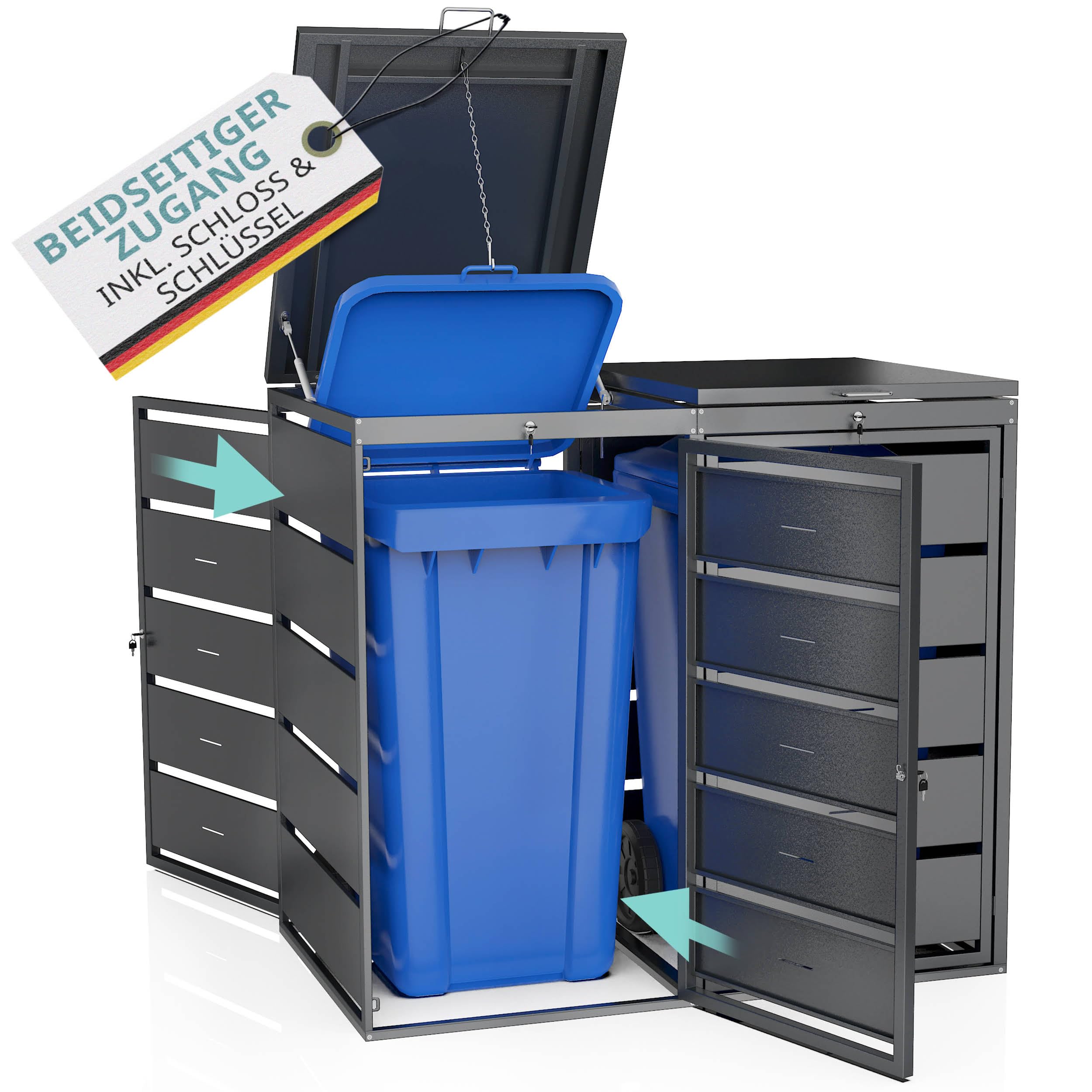 Mülltonnenbox 2X 240L Mülltonnen verzinkter pulverbeschichteter Stahl 4 Türen & 2 Deckel abschließbar mit Gasdruckfedern & Geräuschdämpfer Lüftungsschlitze Anthrazit RAL 7016
