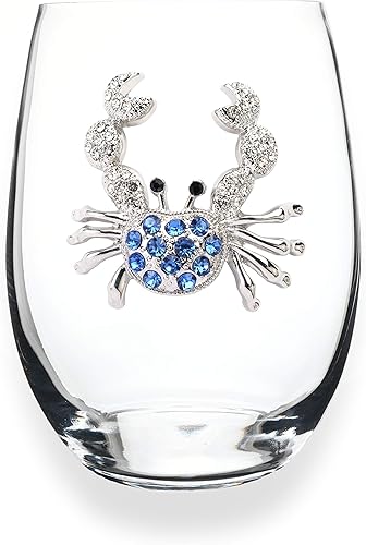 THE QUEENS' JEWELS - Copa de vino sin tallo de cangrejo azul, 21 oz. - Elegancia costera con brillo de diamantes de imitación - Cristalería decorada