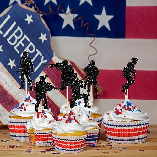 Miniatura 4 de Gyufise 24 piezas de soldado militar con purpurina temática militar de la Armada Ejército Fuerzas Especiales para cupcakes para el Día del Veterano