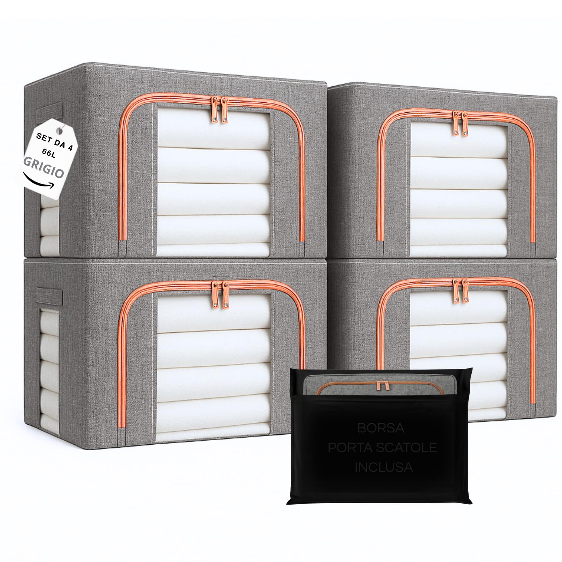 4 Scatole per Armadio Rigide con Cerniera da 66L, Set da 4 Contenitori per Armadio Salvaspazio, Organizer Armadio con Struttura in Metallo Pieghevole (66L (50x40x33cm), 4, unità)