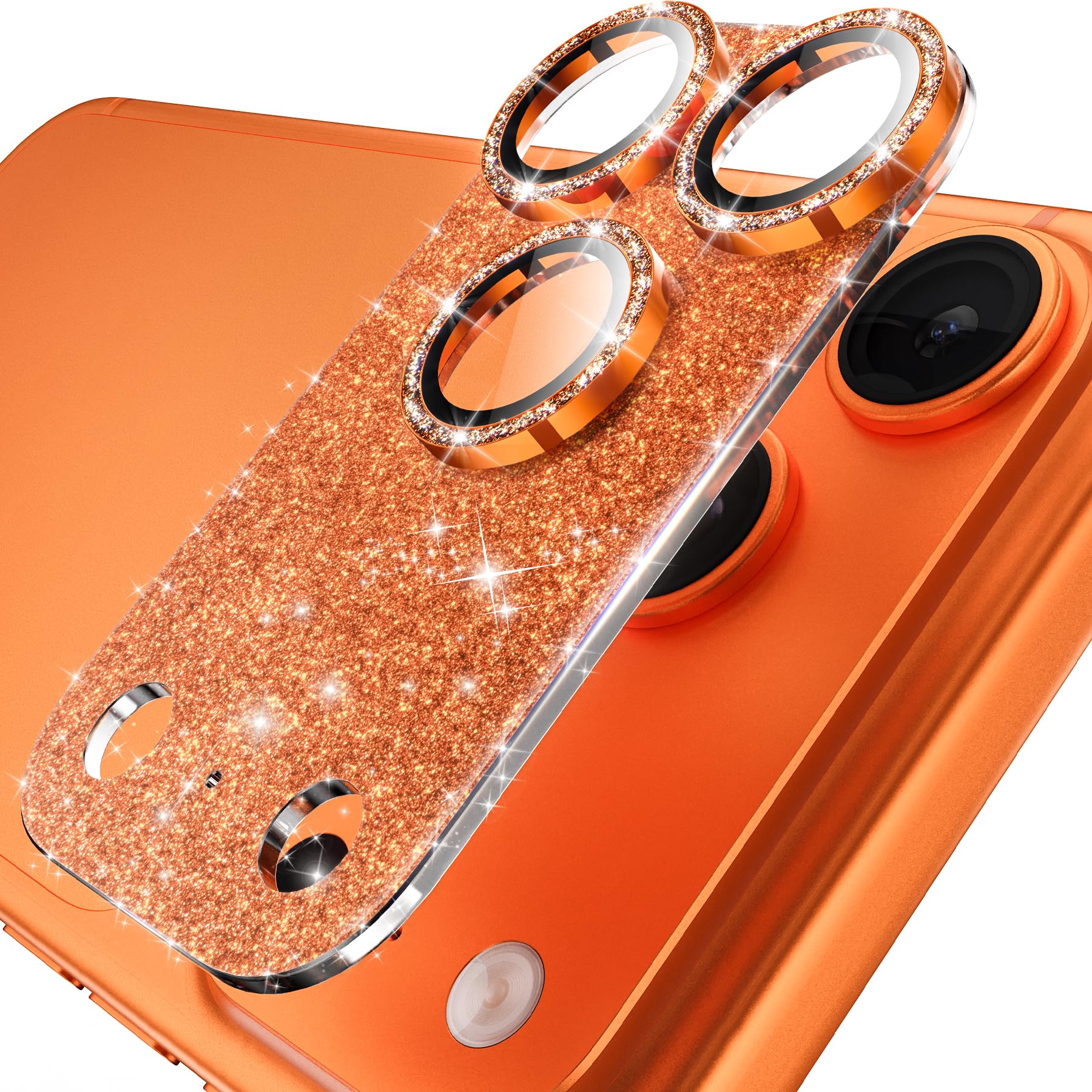 YWXTW for iPhone 17 Pro Camera Lens Protector, [Upgraded Glitter Design] Full Bling Sparkly Diamond Tempered Glass Screen Protector Metal Camera Cover Accessories (Glitter Orange, iPhone 17 Pro)